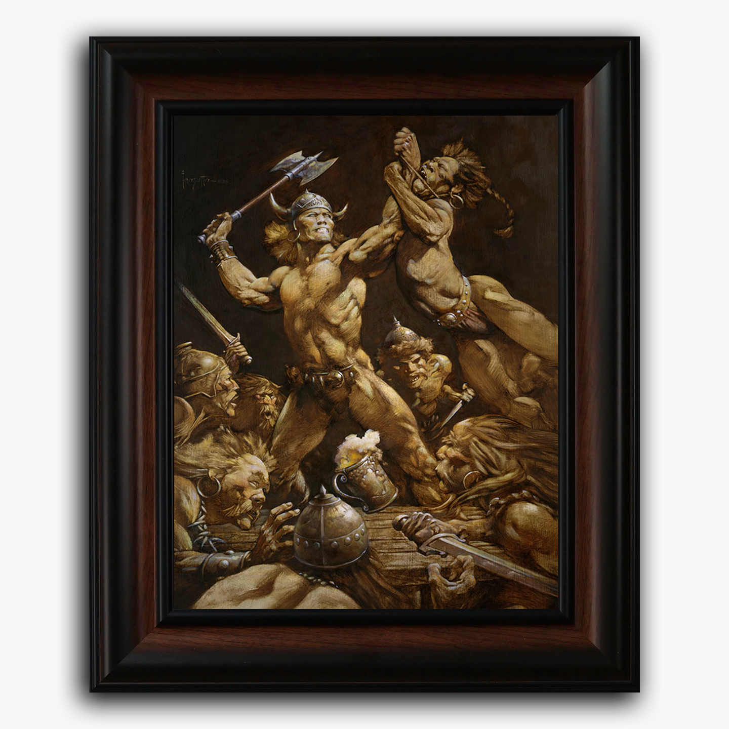 Framed fine art print of Frank Frazetta’s The Disagreement, portraying a muscular barbarian mid-swing with an axe, surrounded by fallen and struggling warriors. A dramatic and chaotic melee scene unfolds in a tightly packed composition, filled with tension and motion.