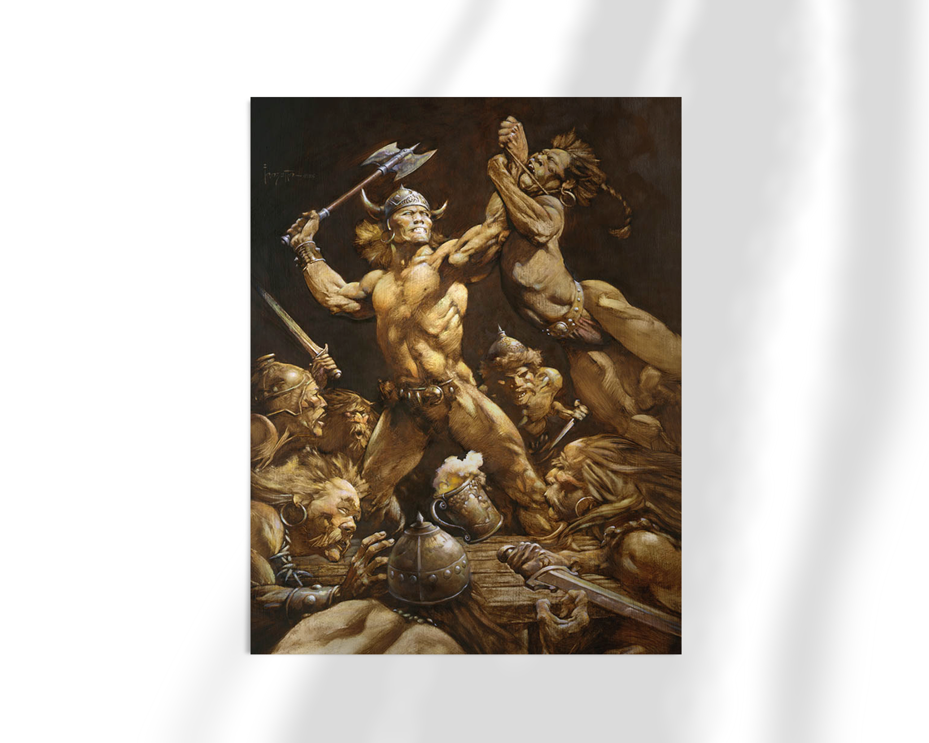 Unframed fine art print of The Disagreement by Frank Frazetta, featuring a powerful warrior in a battle frenzy, caught in the middle of a brutal clash with foes. The piece is rendered in warm sepia tones, emphasizing form and energy.