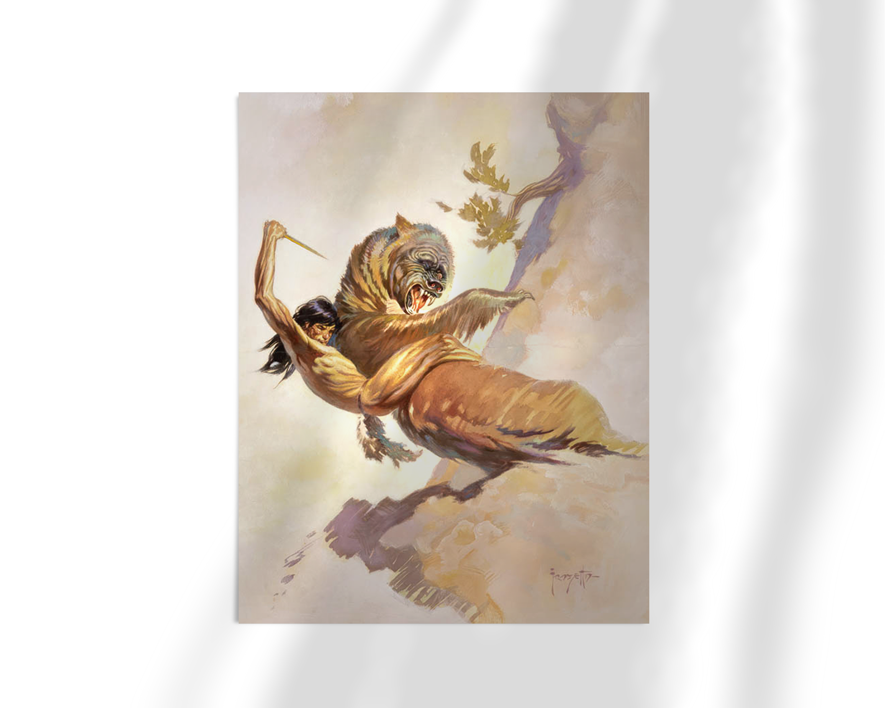 Unframed fine art print of The Earth’s Core by Frank Frazetta, featuring a powerful, airborne creature wrestling with a man, rendered with fluid motion and surreal, muted tones. A vivid representation of fantasy adventure and peril.