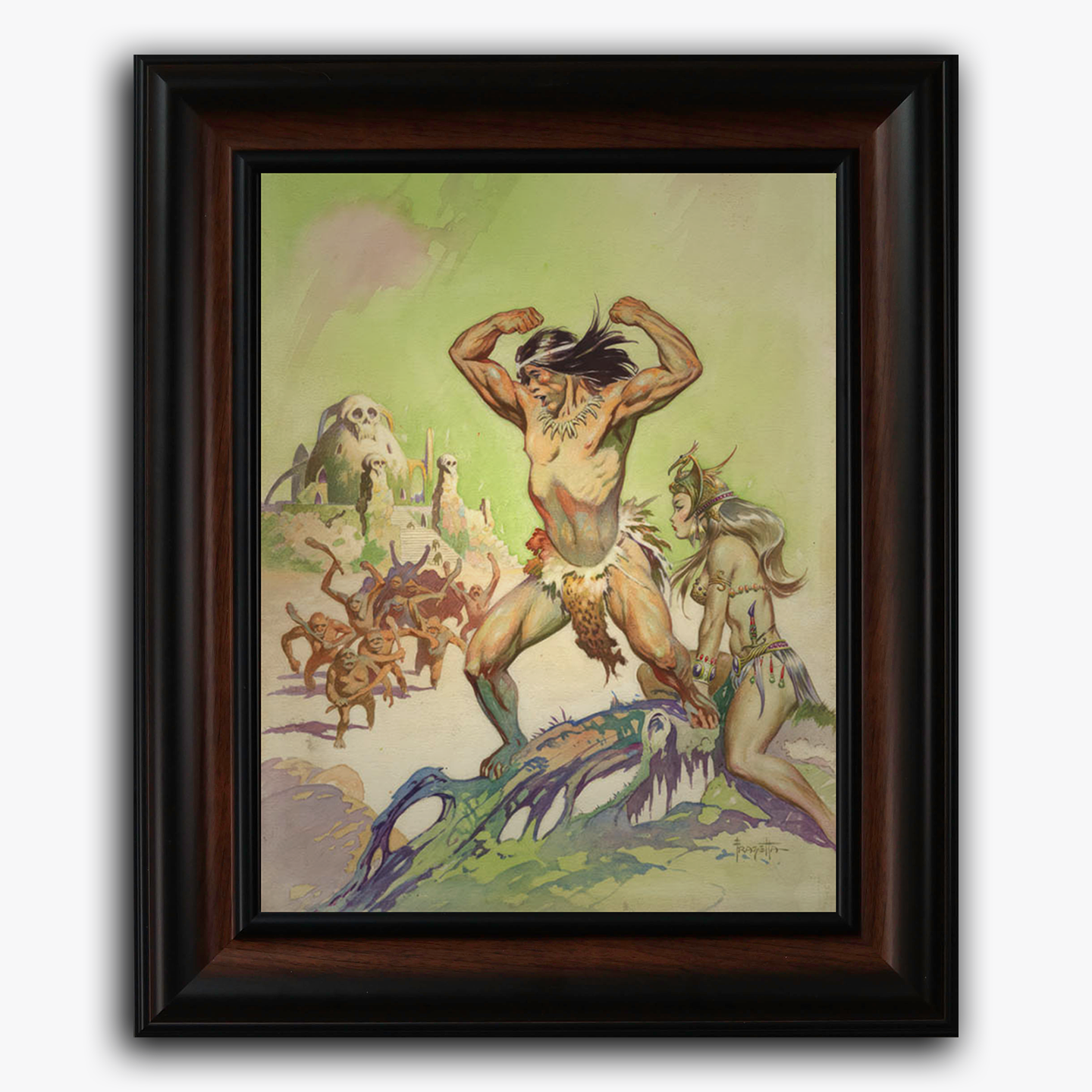 Framed fine art print of Frank Frazetta’s The Invincible, depicting a muscular, heroic figure standing defiantly atop a grassy hill, arms raised in victory. He is surrounded by strange, otherworldly creatures, emphasizing his dominance and fearlessness.