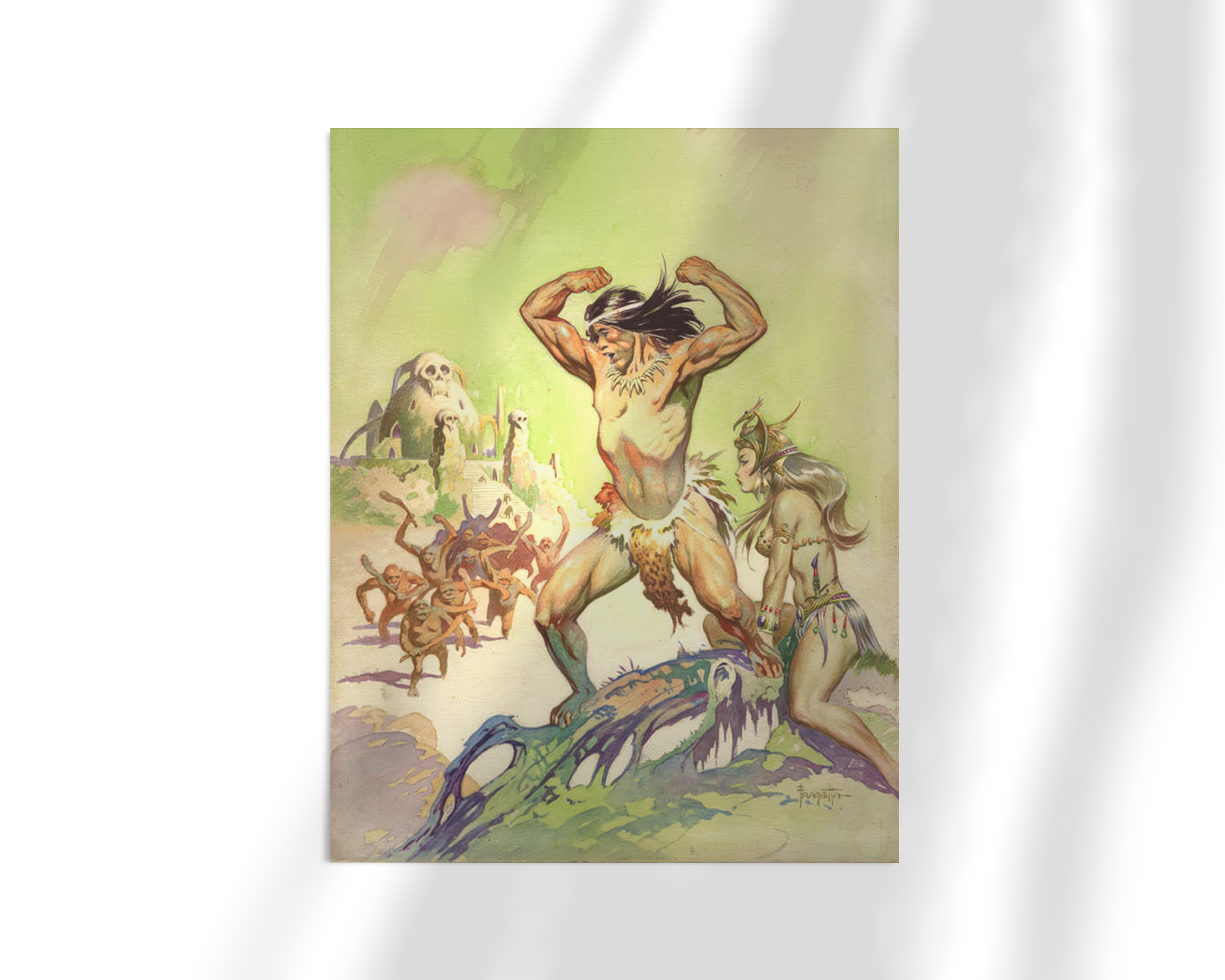 Unframed fine art print of The Invincible by Frank Frazetta, showing a powerful barbaric warrior in a triumphant pose amid bizarre alien beasts. The background glows with a pale green sky, highlighting the surreal and mythic tone.