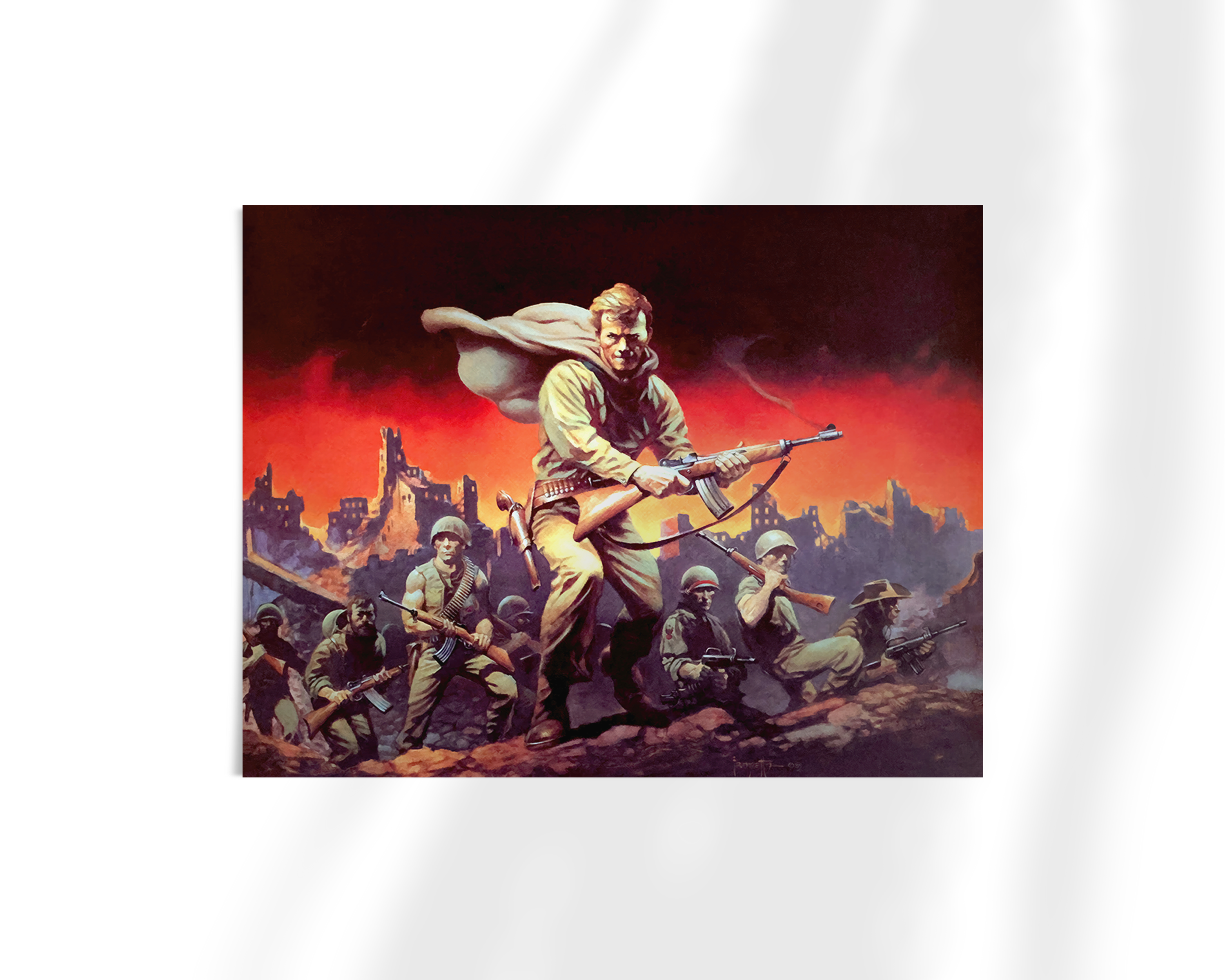 Unframed fine art print of The Lieutenant by Frank Frazetta, featuring a bold central figure with a rifle and white cape at the forefront of a dramatic wartime charge.