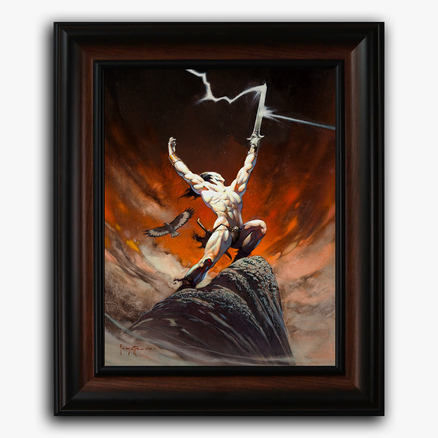 Framed fine art print of Frank Frazetta’s “The Tempest,” featuring a powerful, nude male figure raising a sword into a bolt of lightning amidst a storm.