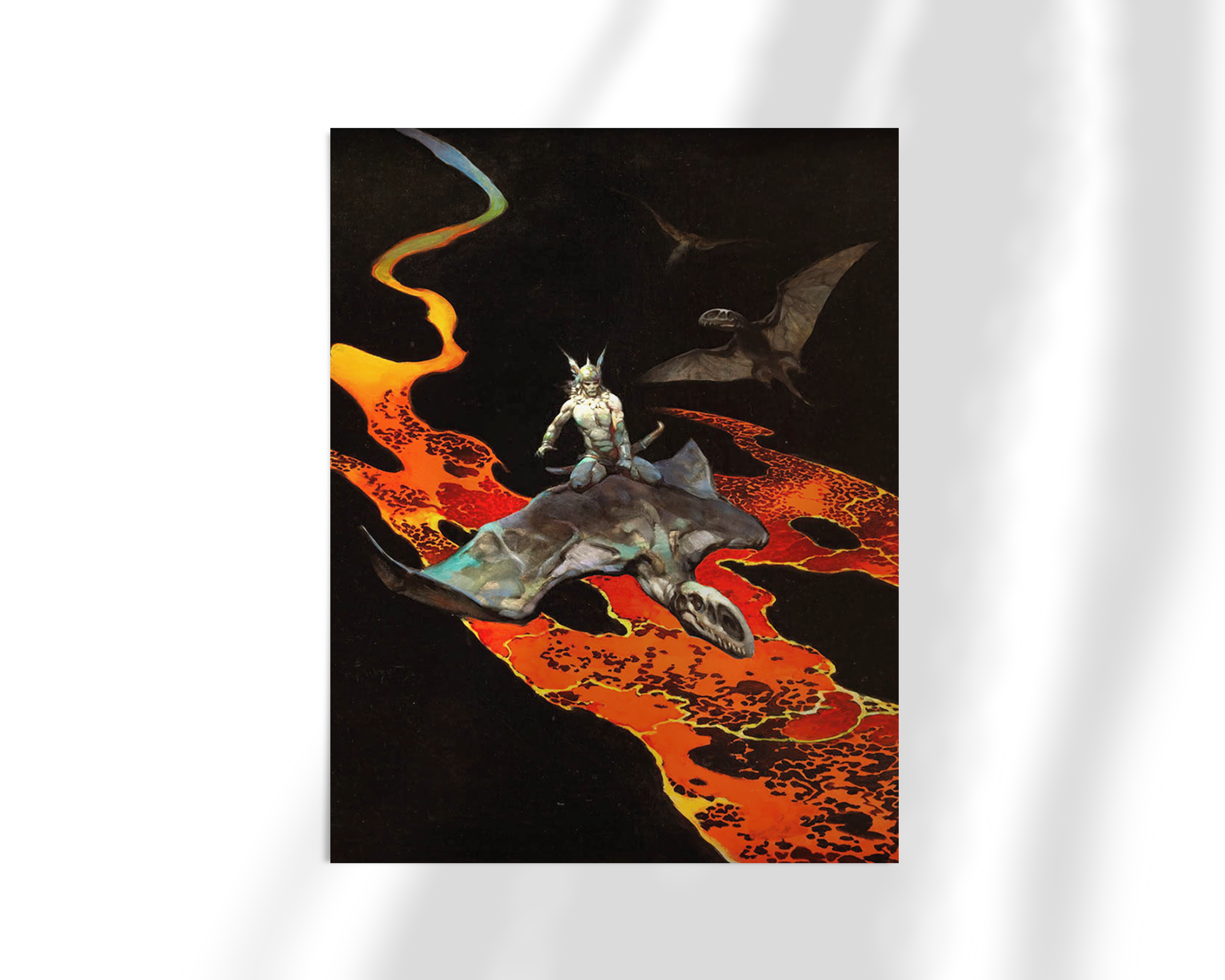 Unframed fine art print of Thor’s Flight by Frank Frazetta, depicting a powerful figure astride a flying beast soaring over a surreal, lava-like landscape with dramatic contrast.