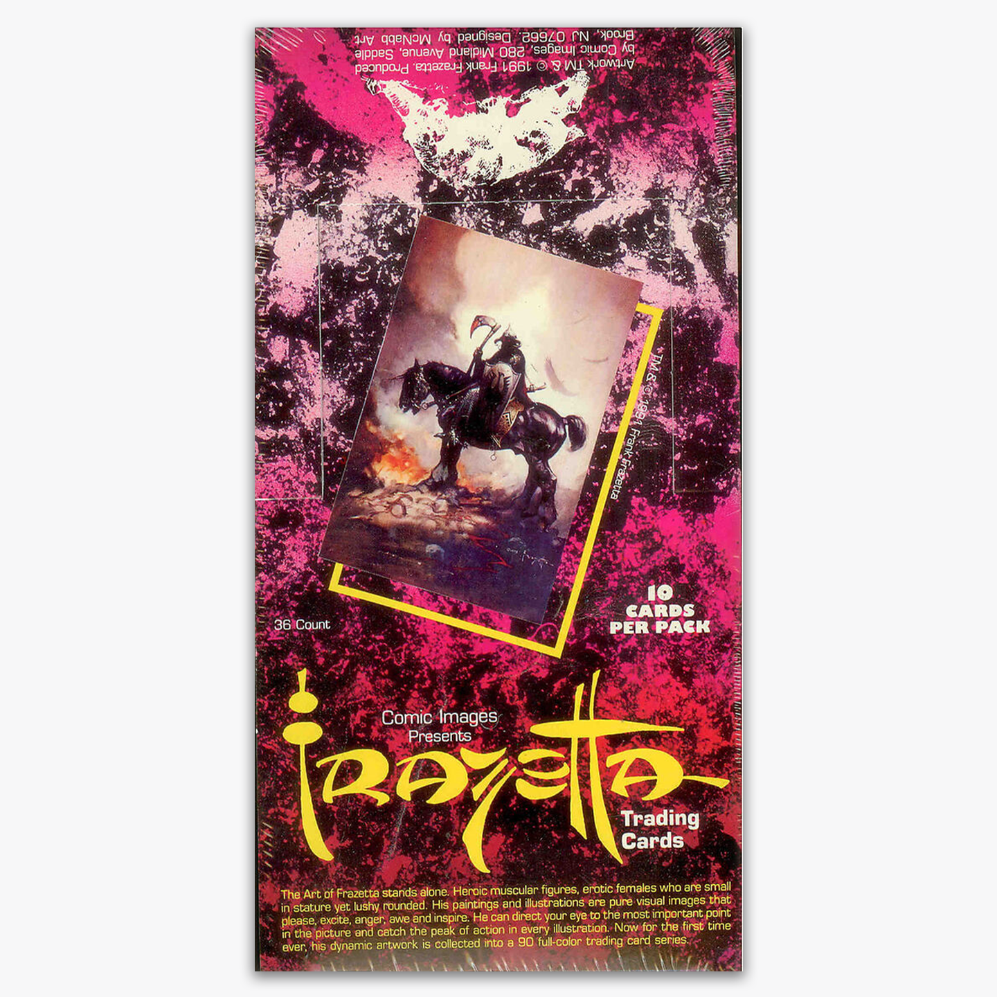 A sealed Frazetta Trading Cards box from Comic Images, featuring bold pink and black artwork with a dynamic, textured design. The packaging prominently displays an illustration of Death Dealer, one of Frazetta’s most iconic works, framed in a yellow-bordered card. The text highlights the first-time release of this 90-card full-color series, celebrating Frazetta’s legendary fantasy artwork. Each pack contains 10 random cards, with 36 packs per box.