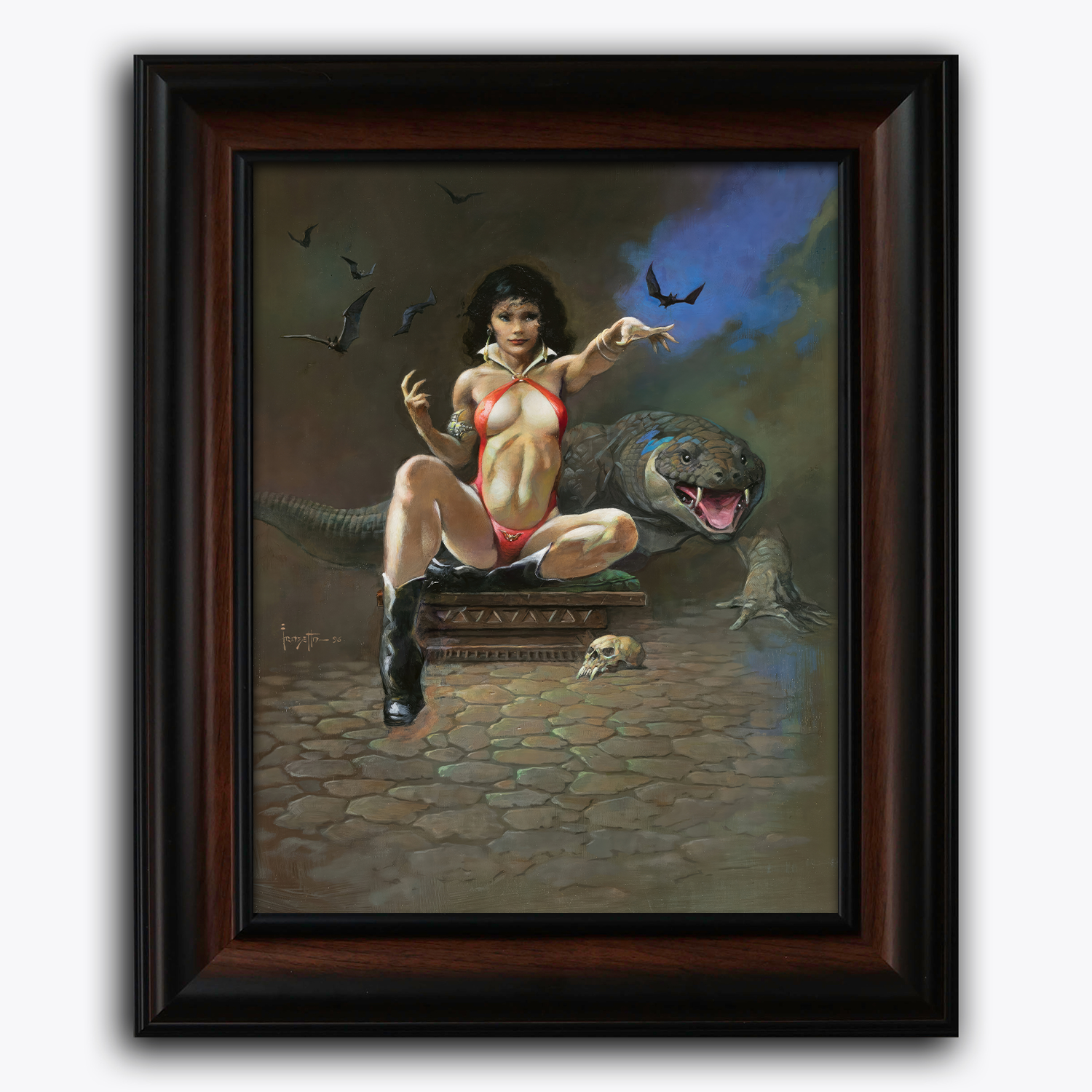 Framed “Vampiress with Alligator” fine art print by Frank Frazetta, displayed on a white wall, capturing the dramatic mood of the piece.