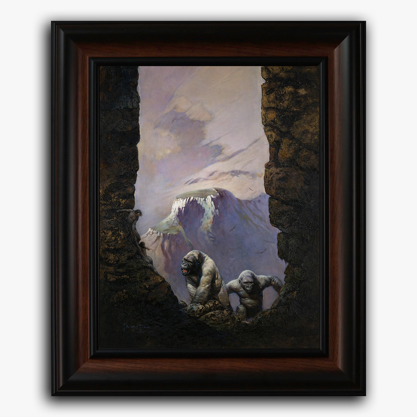 Framed fine art print of Frank Frazetta’s White Apes, showing two massive, hunched apes emerging from a dark stone archway into a stark, mountainous landscape. The scene captures a haunting mix of primal strength and eerie stillness.