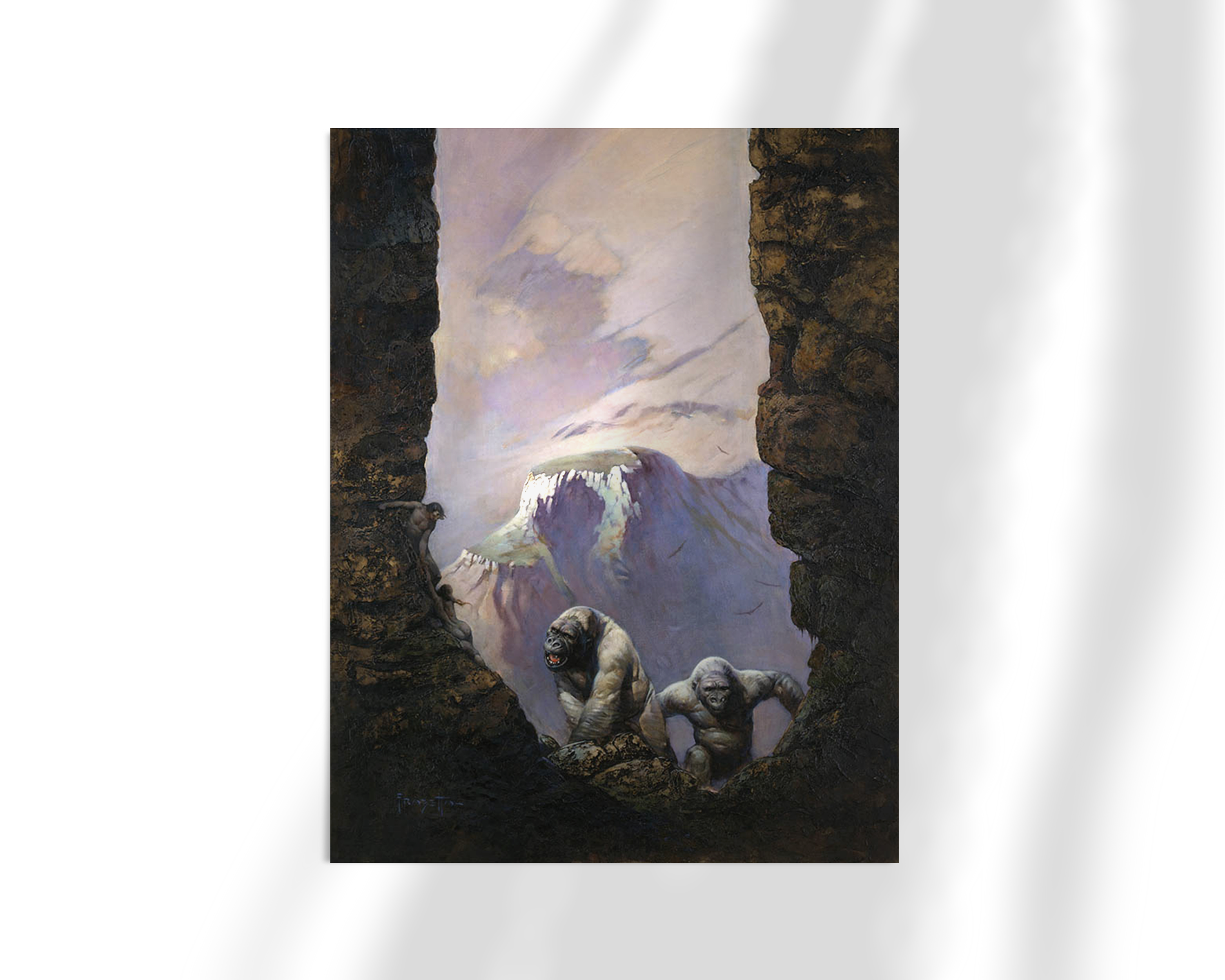 Unframed fine art print of White Apes by Frank Frazetta, featuring two ghostly, pale apes stepping out of a ruined stone structure into a windswept mountain range. Their heavy forms contrast against the cold, desolate setting.
