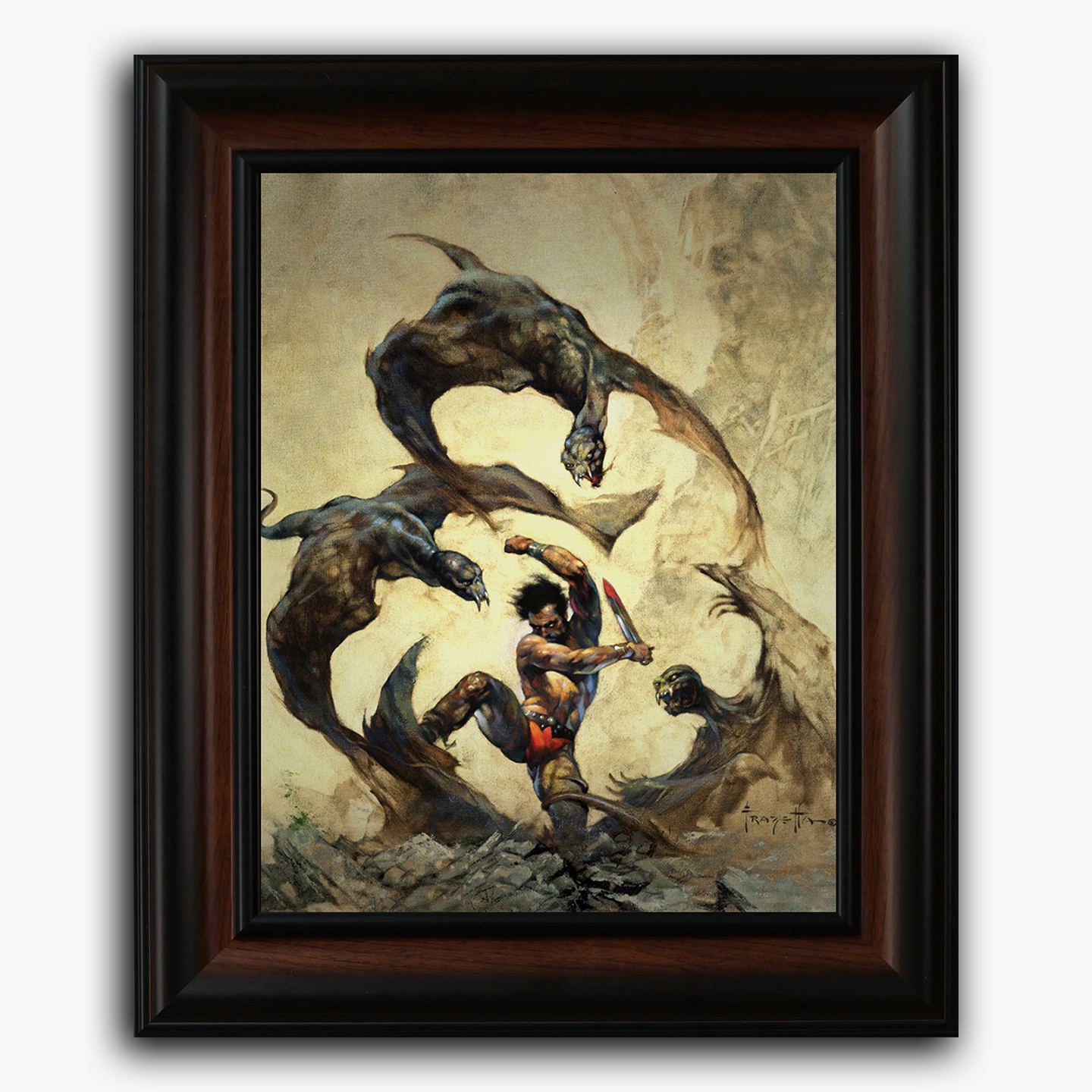 Framed fine art print of Frank Frazetta’s Winged Terror, depicting a fierce battle between a warrior and monstrous bat-like creatures in a swirling, dust-choked environment. The dynamic motion and raw tension explode from the canvas.