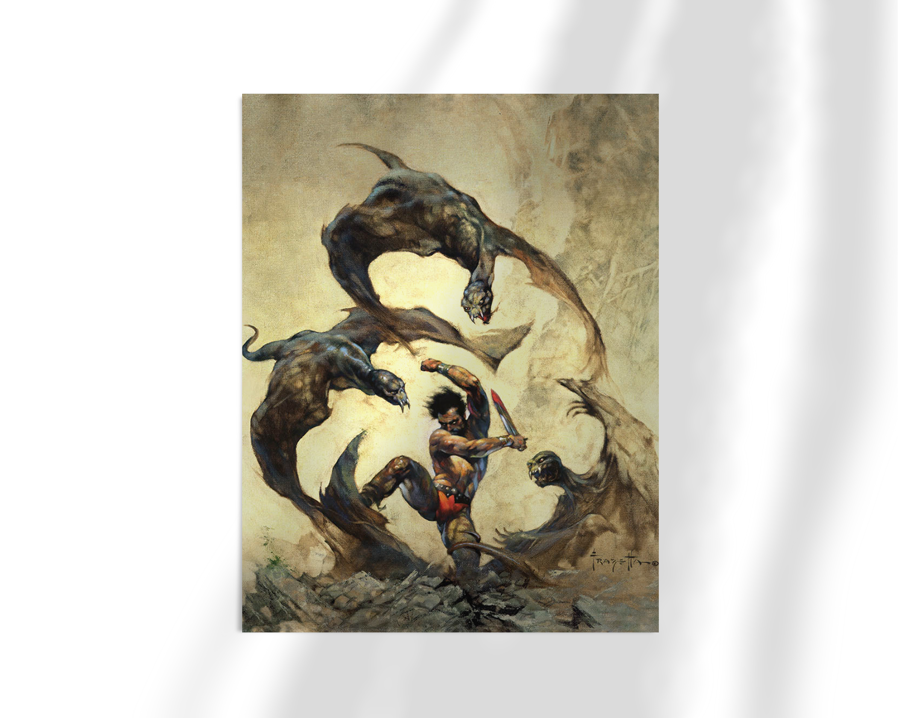 Unframed fine art print of Winged Terror by Frank Frazetta, capturing a muscular figure locked in combat with multiple winged beasts in a stormy, chaotic setting.
