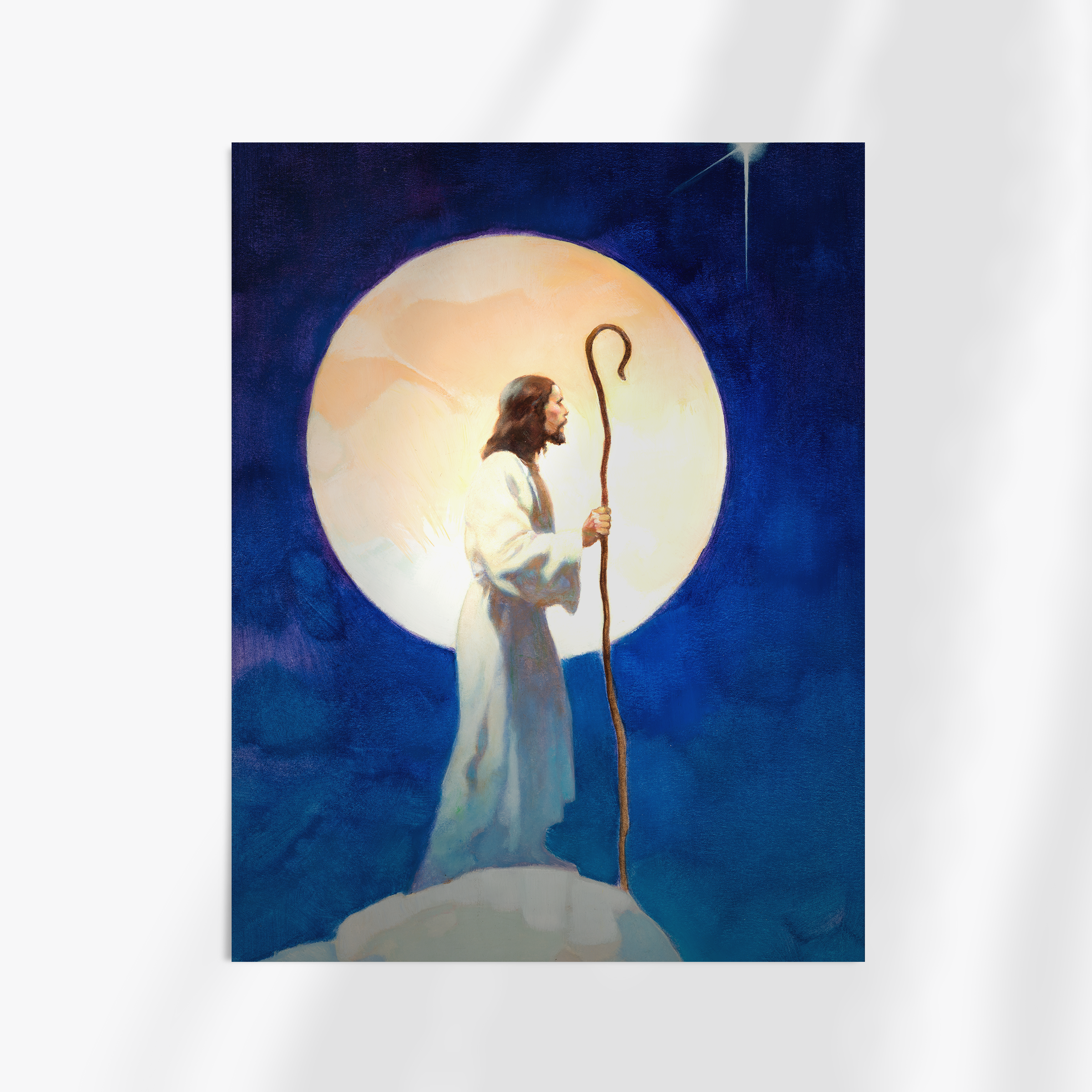Unframed print of Frazetta’s With Both Hands, showcasing a figure bathed in moonlight, standing in a quiet pose with a staff, conveying a sense of spiritual strength.