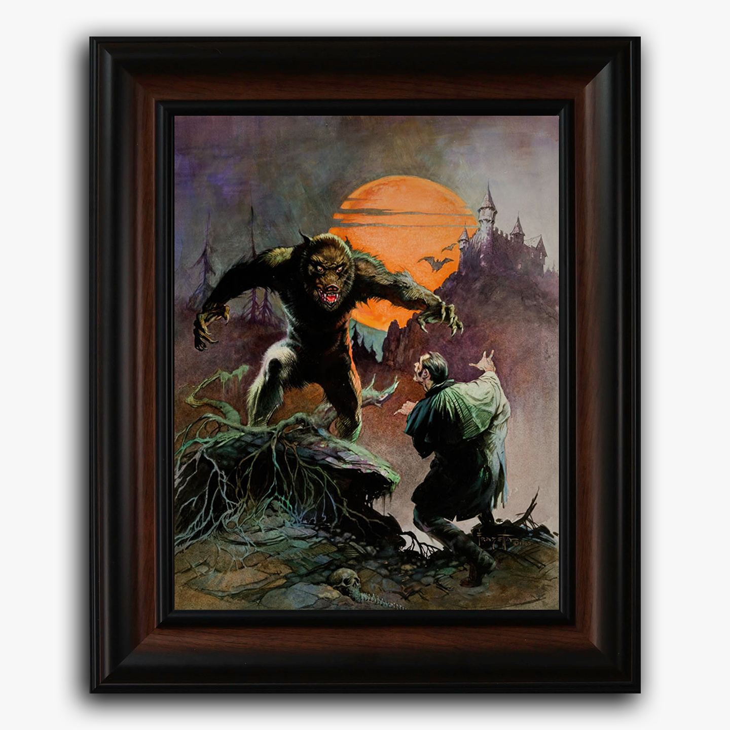 Framed fine art print of Frank Frazetta’s “Wolfman,” depicting a feral werewolf lunging toward a cowering man beneath a glowing orange moon and a shadowy, gothic skyline.