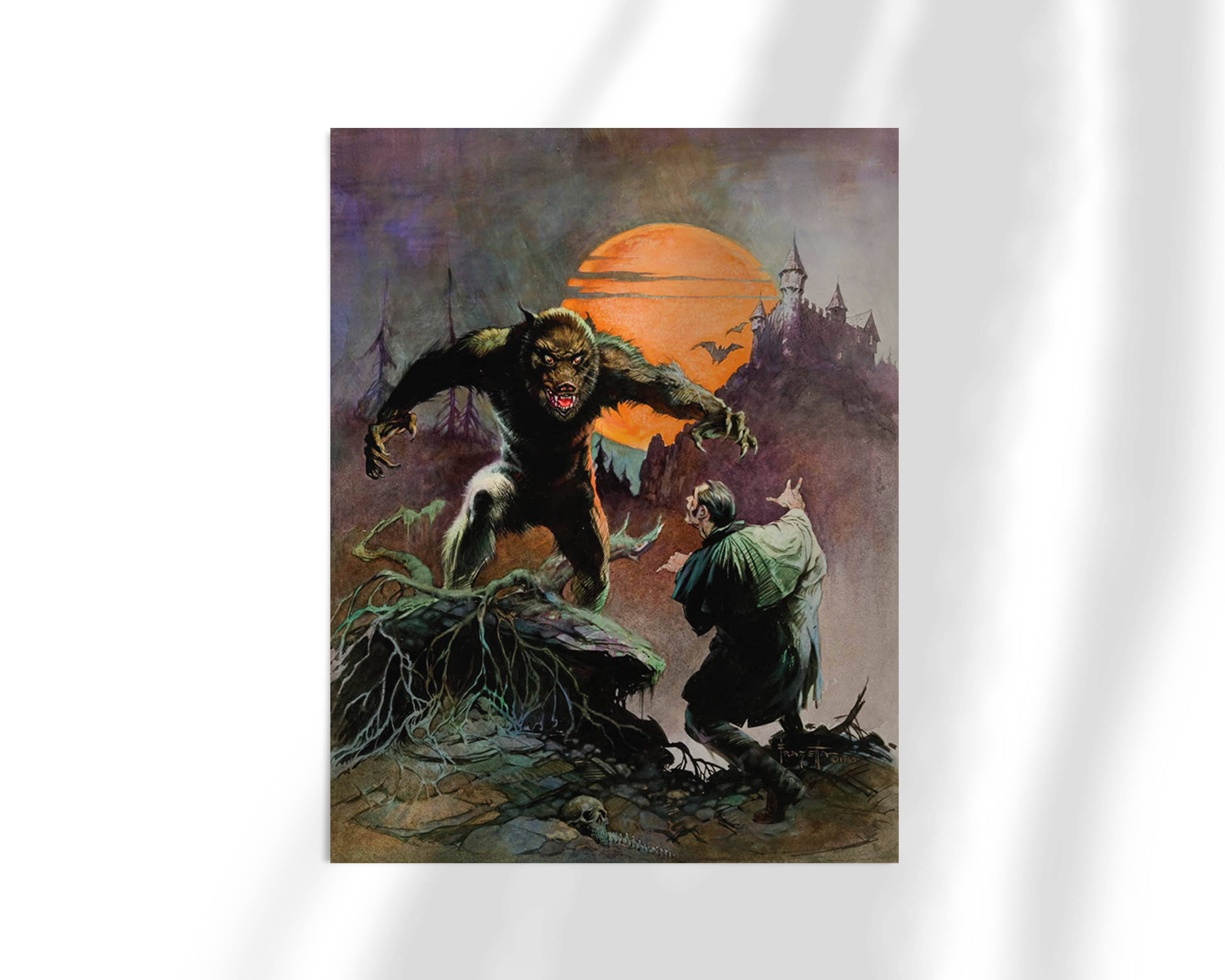 Unframed fine art print of Frazetta’s “Wolfman,” featuring a savage creature mid-attack, bathed in eerie moonlight with a misty forest and distant castle behind.