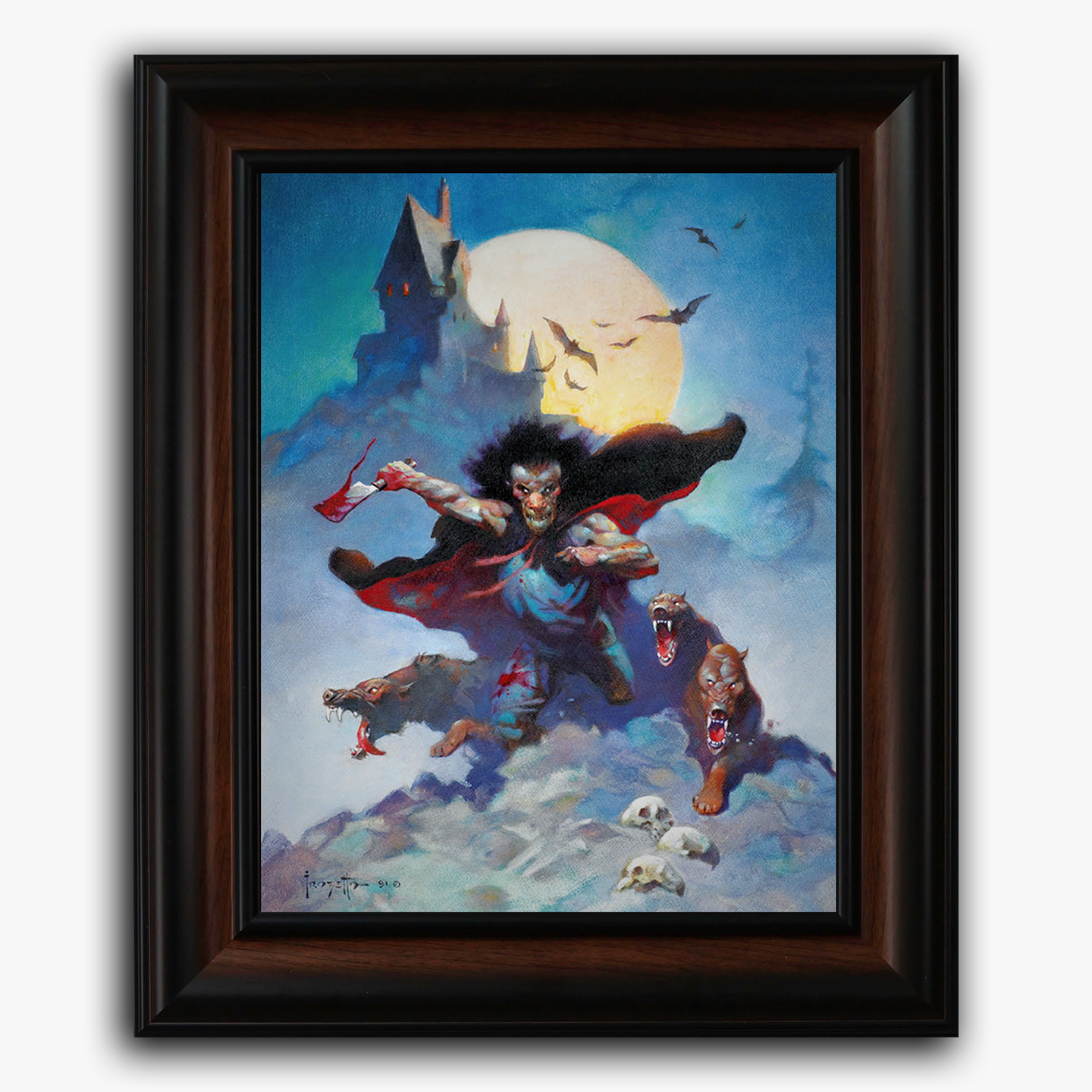 Framed fine art print of Frank Frazetta’s Wolves Night, showcasing a fierce vampire-like figure in tattered clothing standing atop a snowy cliff, framed by a large glowing moon and ominous castle silhouette in the background. Wolves and skulls accent the eerie, gothic composition.