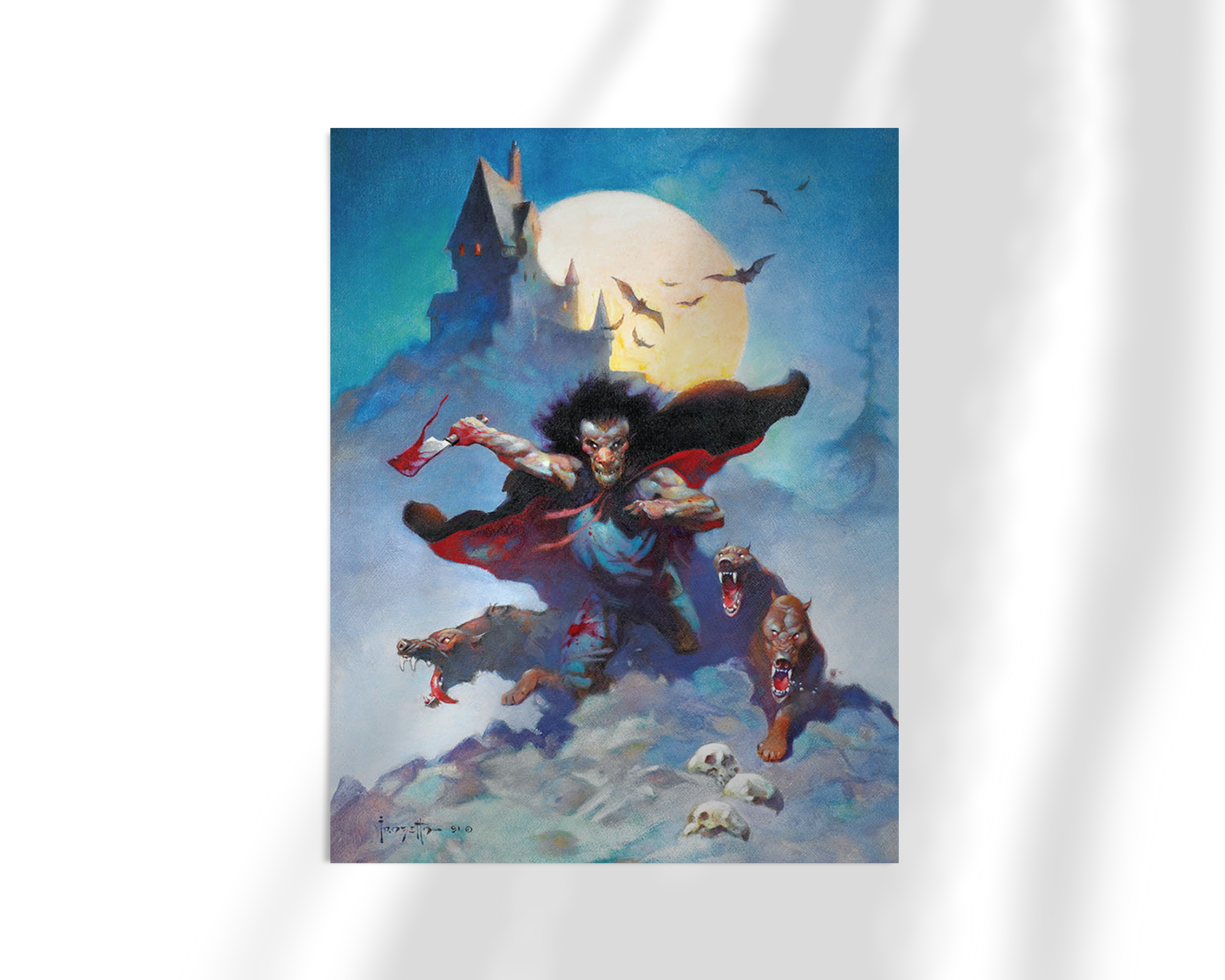 Unframed fine art print of Wolves Night by Frank Frazetta, featuring a dark, supernatural character with wind-blown cape beneath a full moon. The icy terrain, castle spires, and surrounding wolves heighten the painting’s dramatic tension and horror fantasy atmosphere.