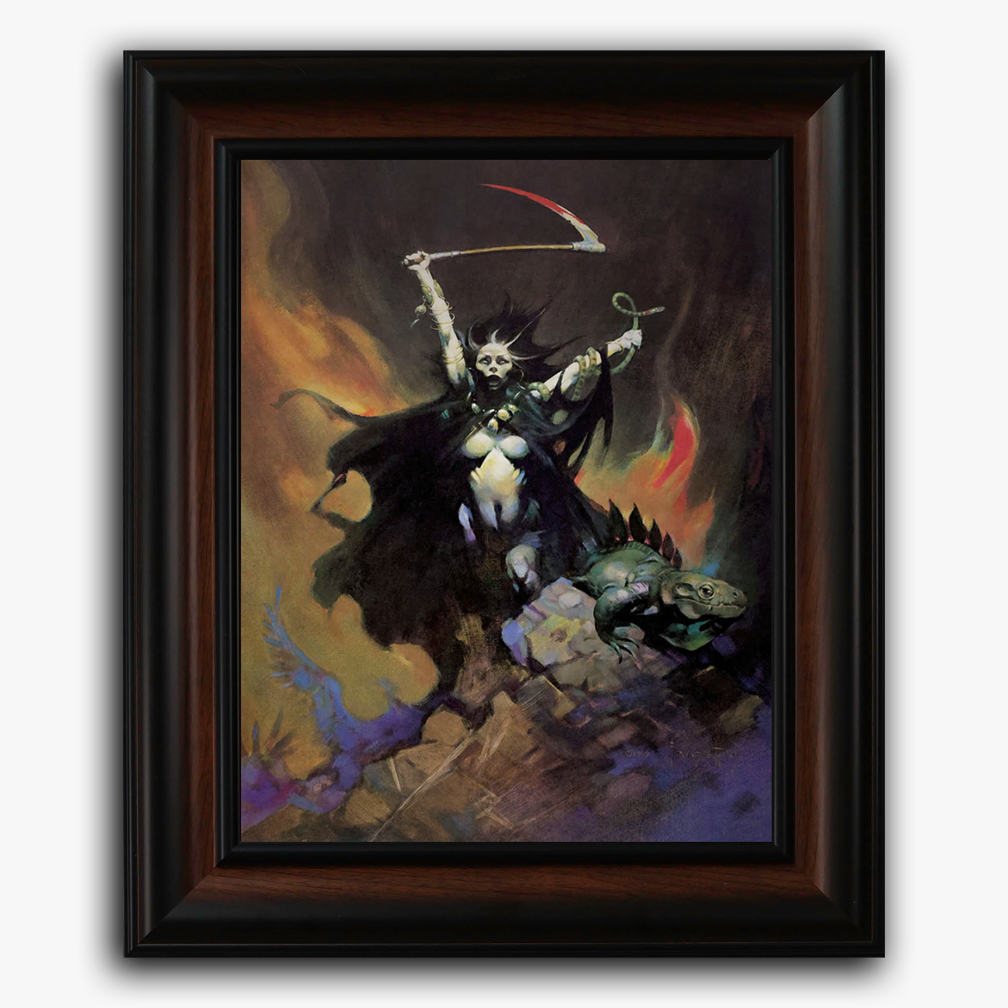 Framed fine art print of Frank Frazetta’s Woman with Scythe, depicting a powerful, darkly clad female figure standing triumphantly with a raised scythe. Surrounded by flames and skulls, her expression and pose radiate dominance and deathly allure.