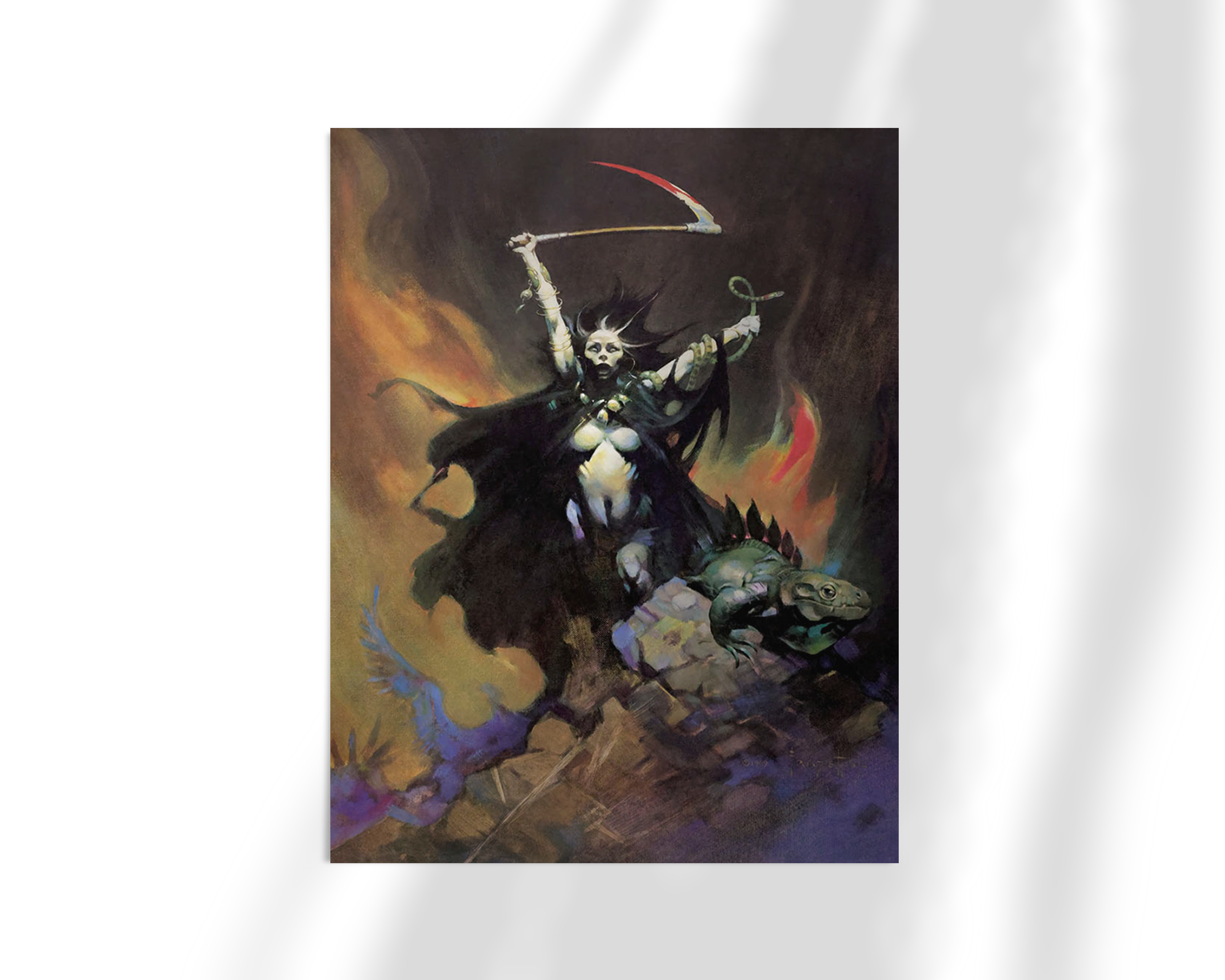 Unframed fine art print of Woman with Scythe by Frank Frazetta, featuring a fierce, semi-armored warrior woman holding a scythe aloft amidst a smoky, apocalyptic backdrop. The composition evokes dark fantasy themes of vengeance and power.