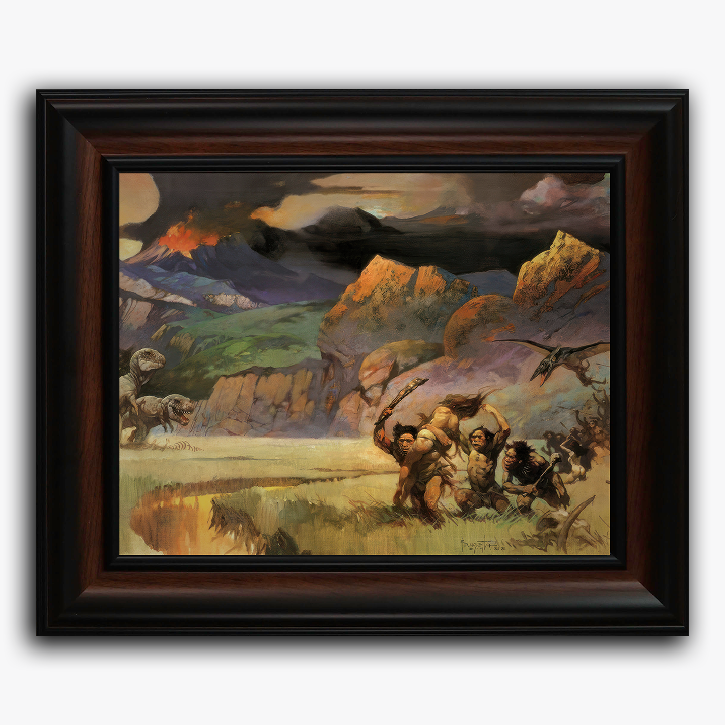 Framed fine art print of Frank Frazetta’s Young World, depicting a primitive battle between warriors and wild beasts set against a sweeping, mountainous landscape under a dramatic sky.