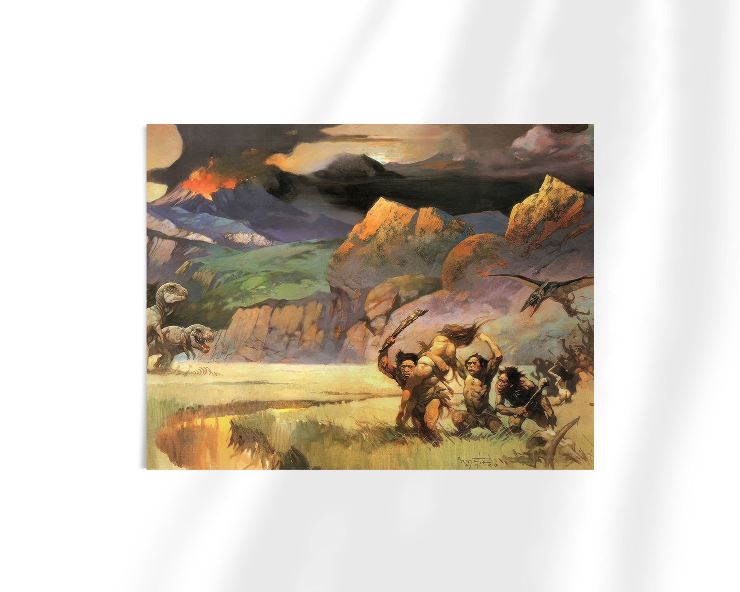 Unframed fine art print of Young World by Frank Frazetta. The painting features rugged warriors clashing with nature’s beasts on an open plain, framed by jagged hills and stormy clouds.