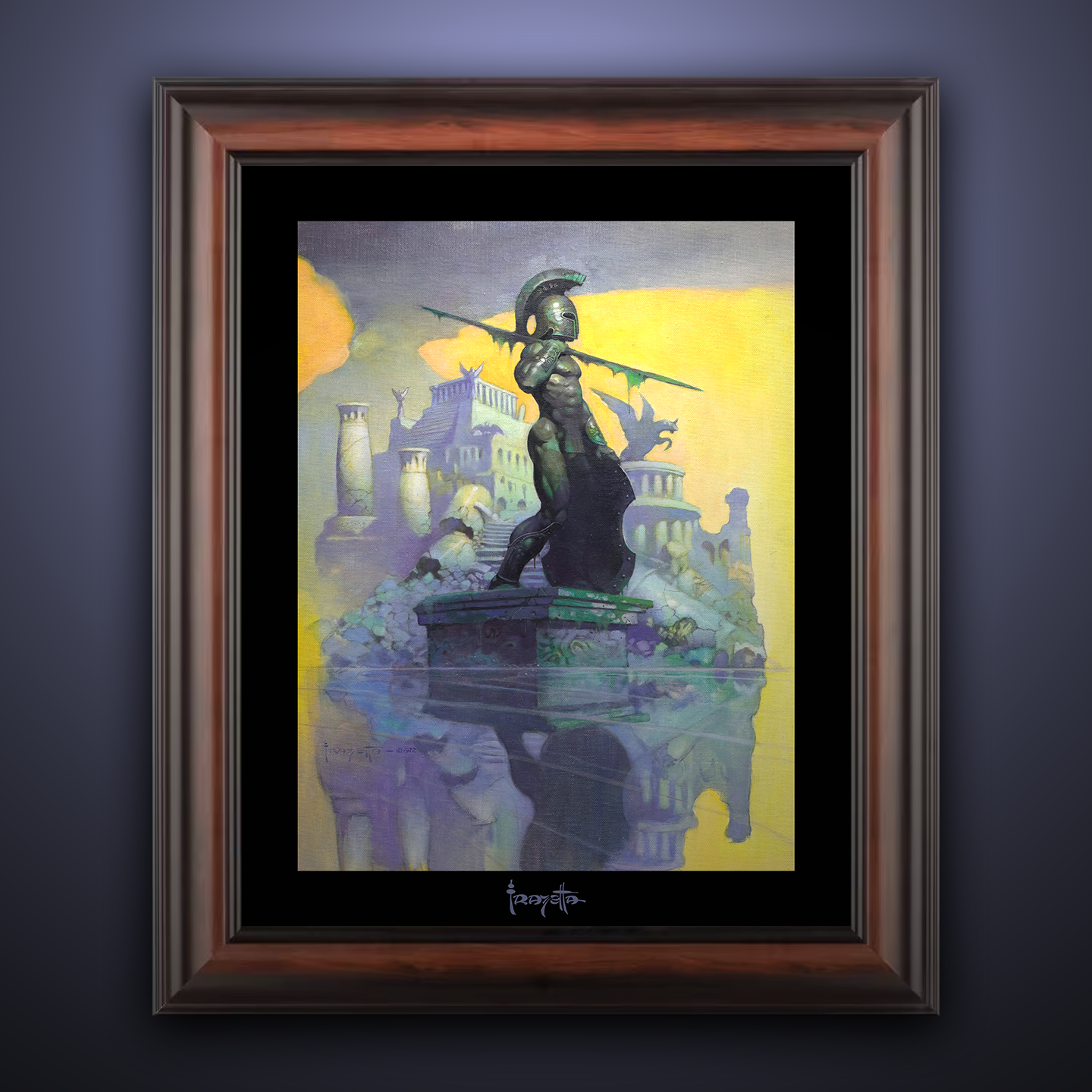 Framed Gallery Series print of "Atlantis" by Frank Frazetta, highlighting vivid colors and dynamic artwork with a deep black 1.5" matting