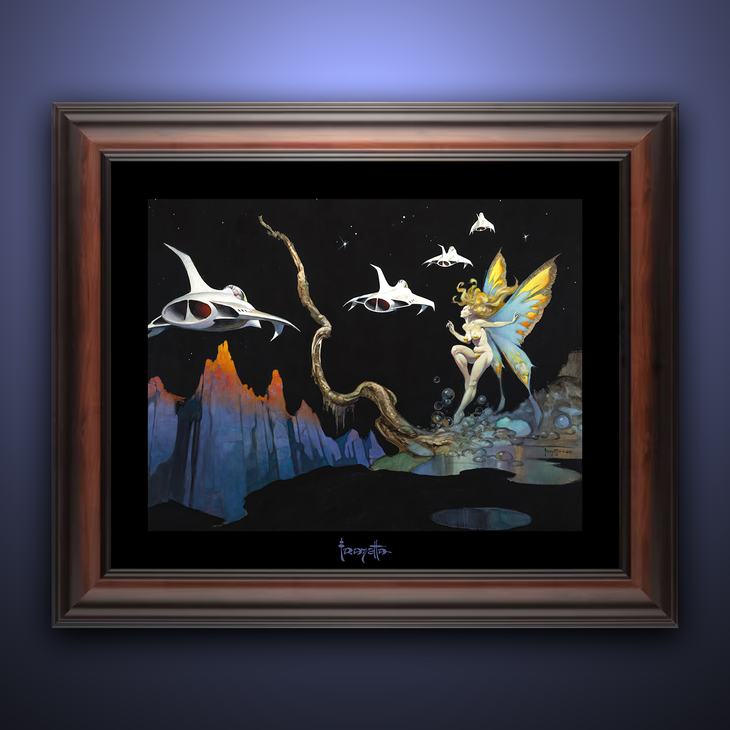Framed Gallery Series print of "Dream Flight" by Frank Frazetta, highlighting vivid colors with black 1.5" matting.