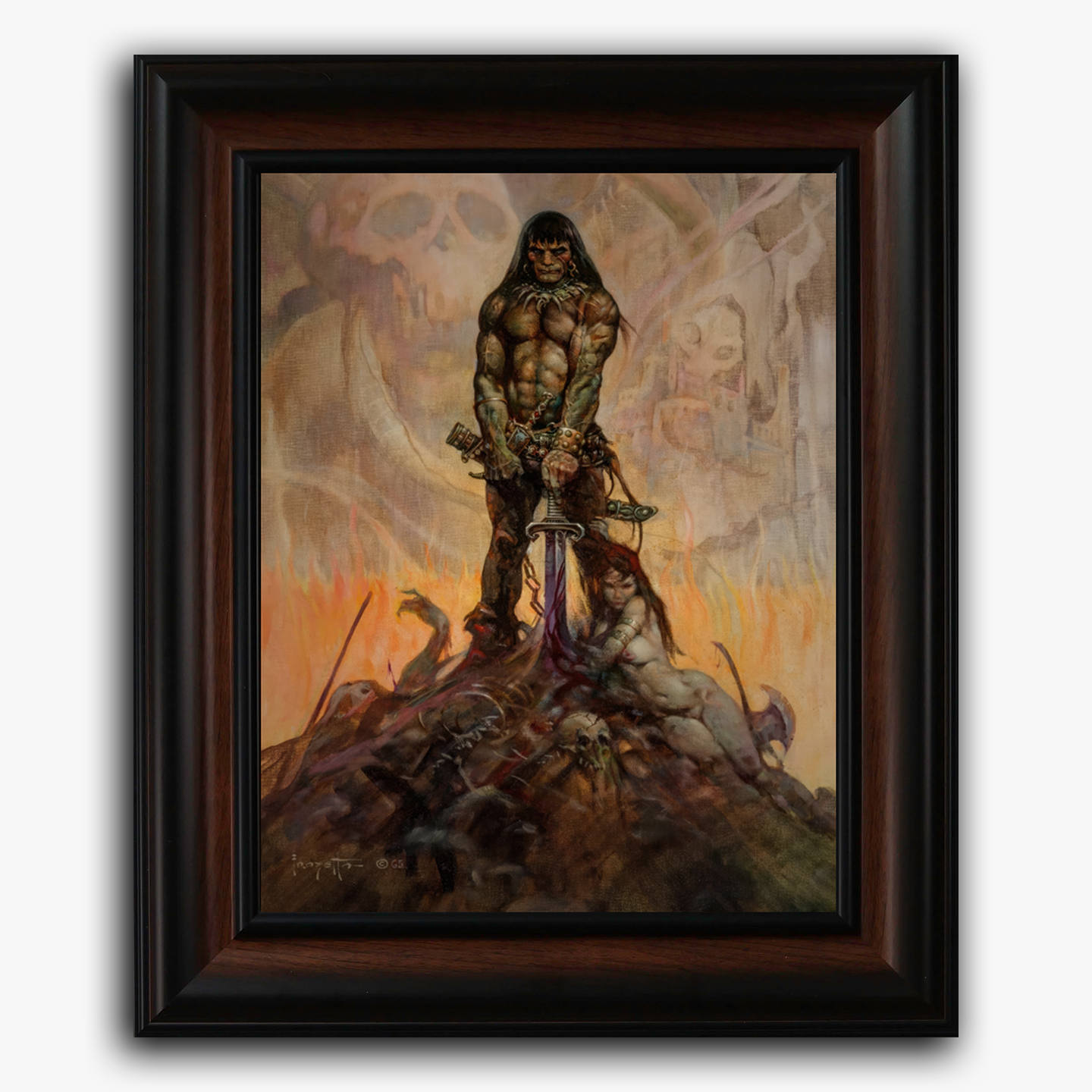 Framed fine art print of Frazetta’s Barbarian, with the sword-wielding warrior atop a mountain of foes.
