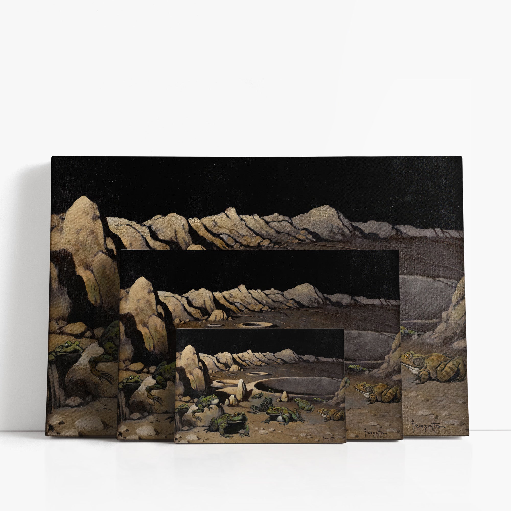 Three wrap-around canvas prints of Frazetta’s Frogs on the Moon in different sizes, showcasing the artwork with mirror-wrapped edges for a seamless, dimensional look.
