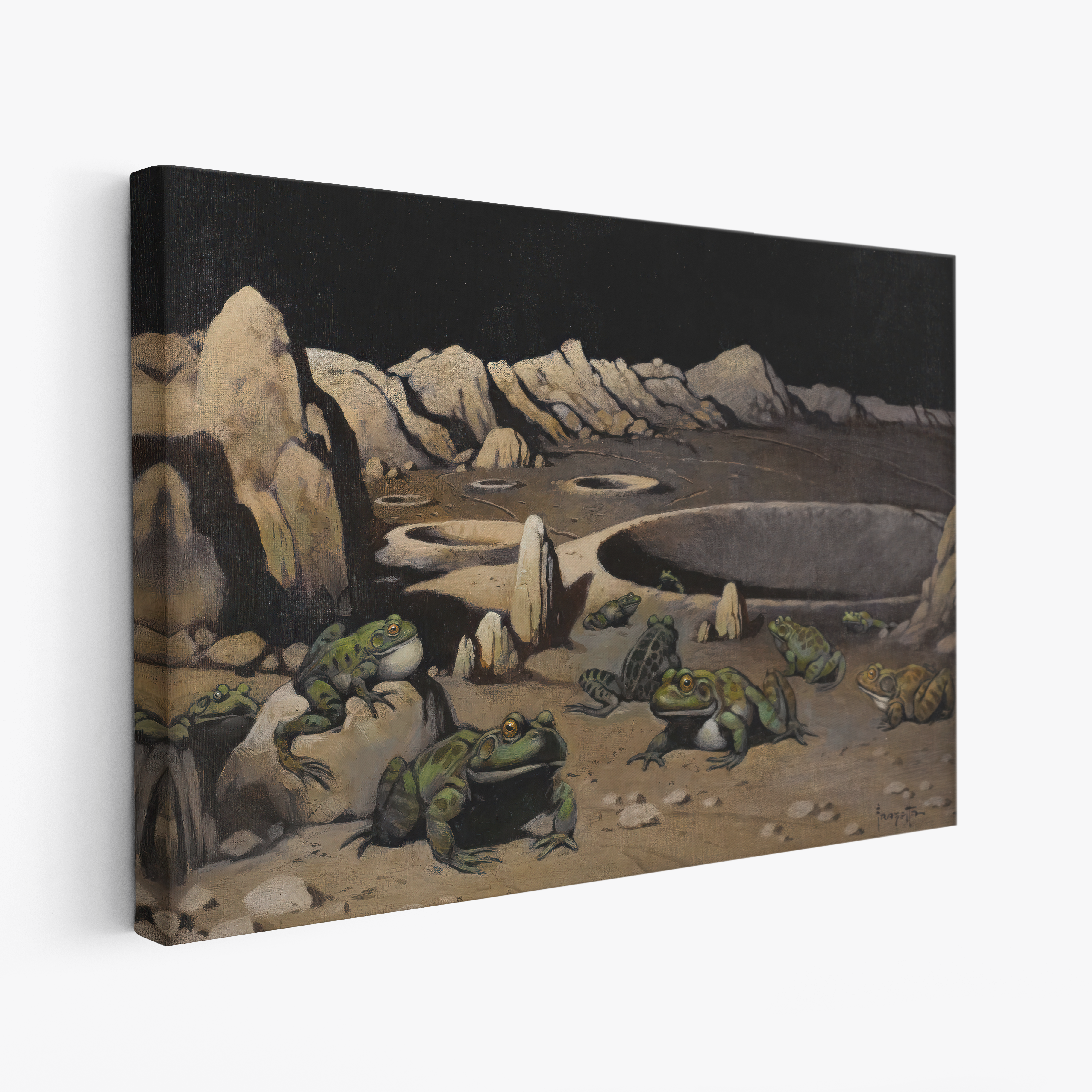 A canvas print of Frazetta’s Frogs on the Moon hung on a white wall, showcasing the artwork with mirror-wrapped edges for a seamless, dimensional look.