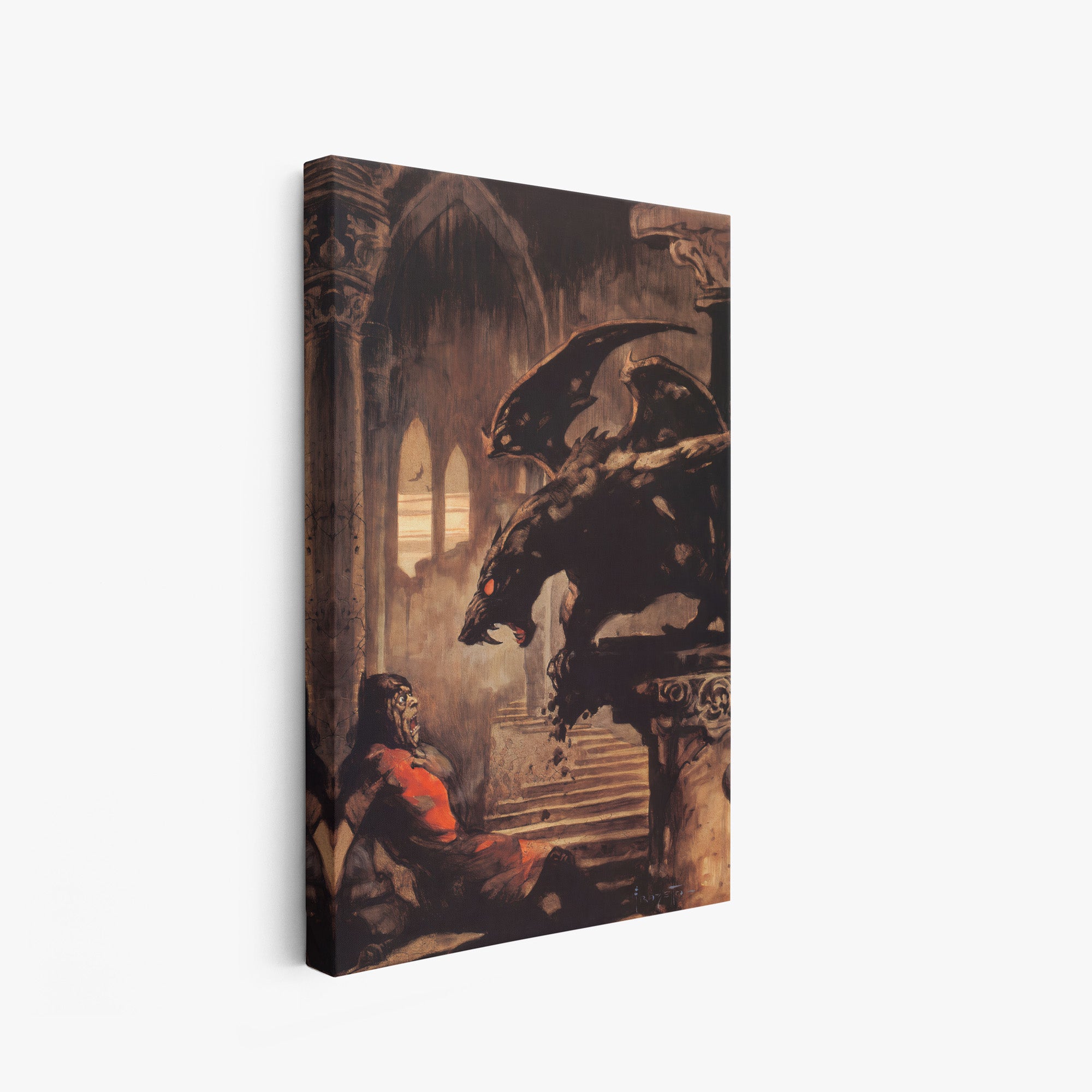 A canvas print of Frazetta’s Gargoyle hung on a white wall, showcasing the artwork with mirror-wrapped edges for a seamless, dimensional look.
