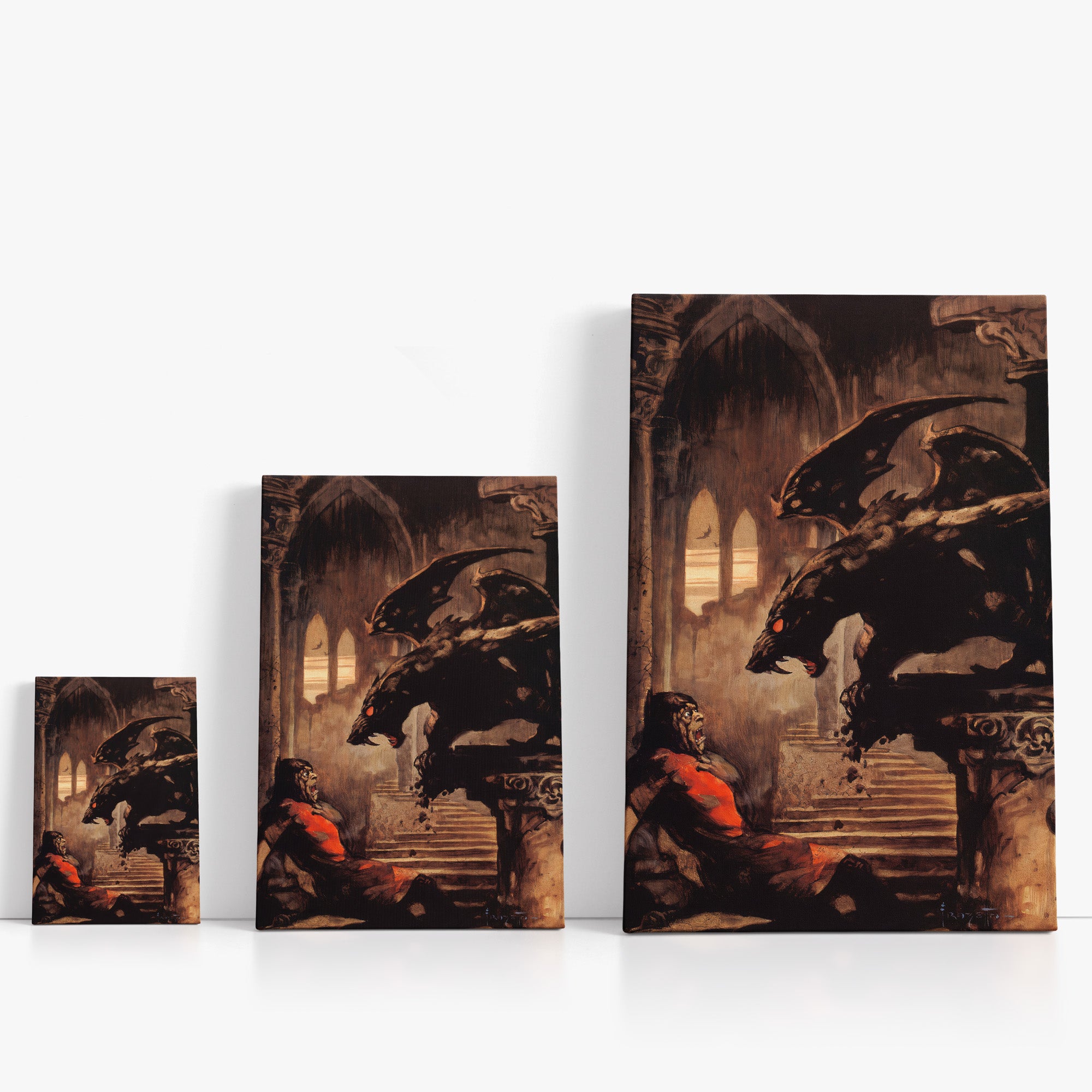 Three wrap-around canvas prints of Frazetta’s Gargoyle in different sizes, showcasing the artwork with mirror-wrapped edges for a seamless, dimensional look.