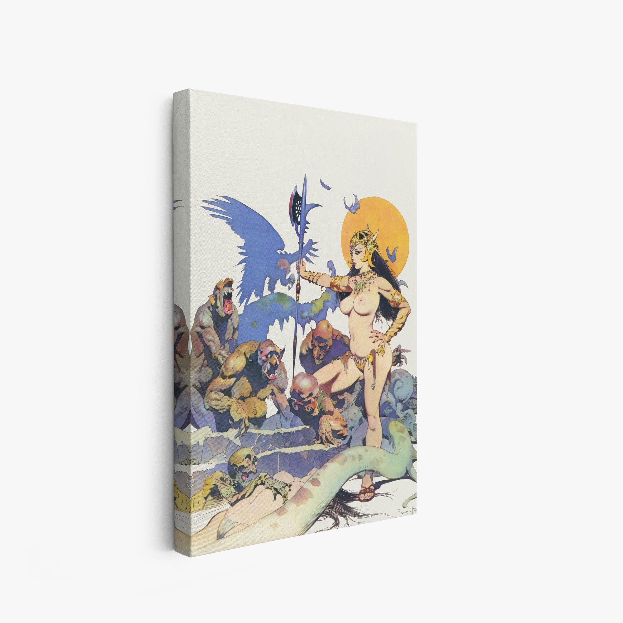 A canvas print of Frazetta’s Ghoul Queen hung on a white wall, showcasing the artwork with mirror-wrapped edges for a seamless, dimensional look.