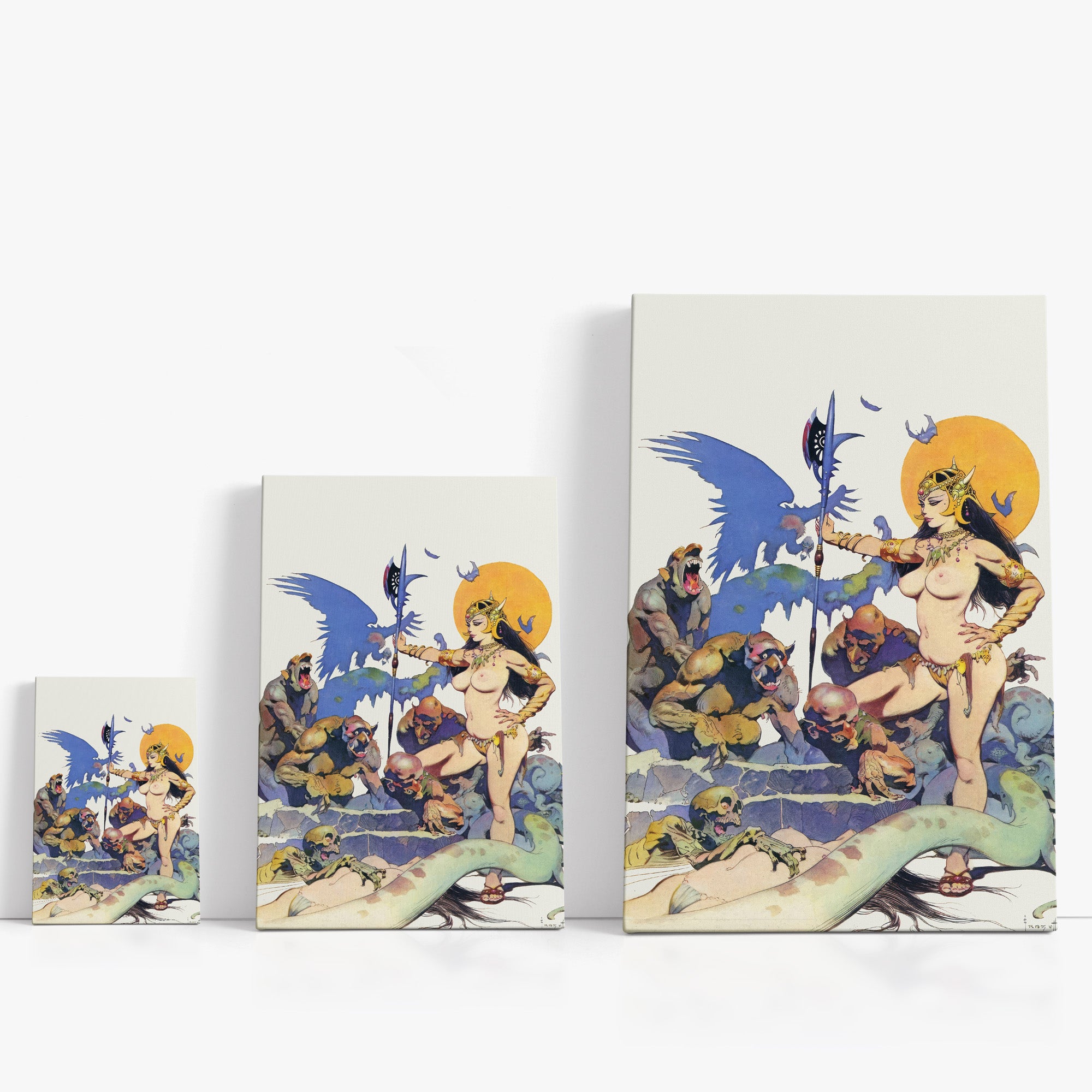 Three wrap-around canvas prints of Frazetta’s Ghoul Queen in different sizes, showcasing the artwork with mirror-wrapped edges for a seamless, dimensional look.