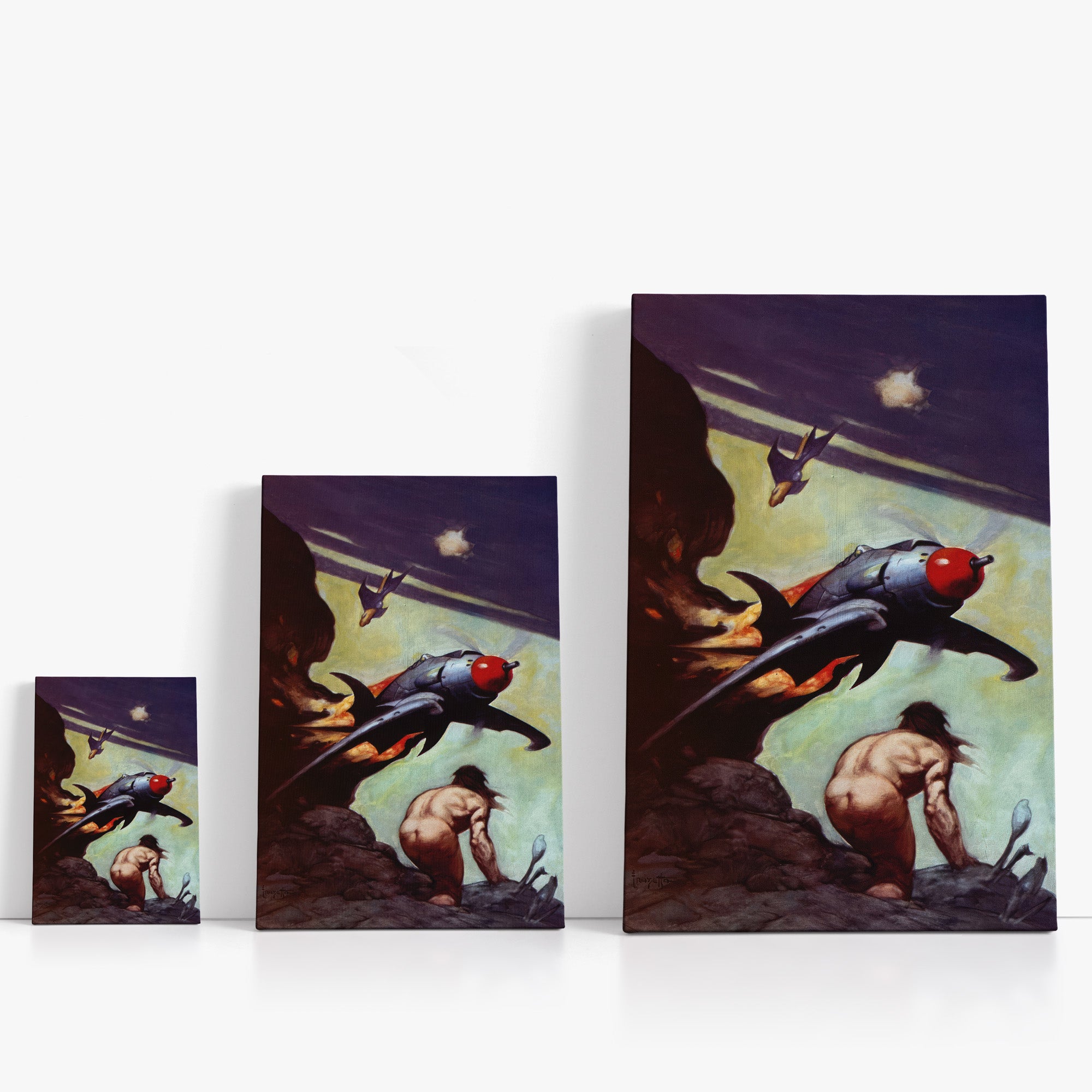 Three wrap-around canvas prints of Frazetta’s God from the Sky in different sizes, showcasing the artwork with mirror-wrapped edges for a seamless, dimensional look.