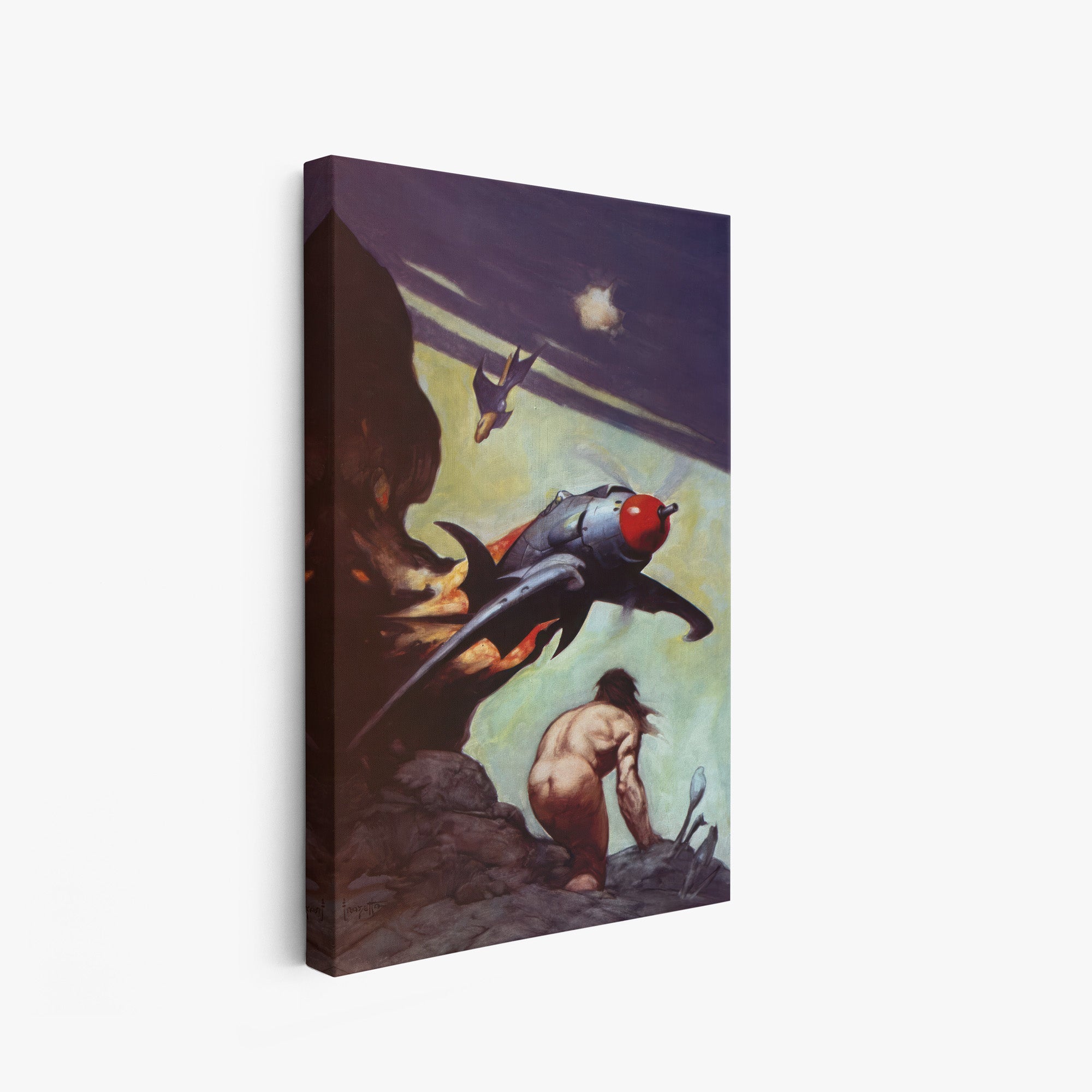 A canvas print of Frazetta’s God from the Sky hung on a white wall, showcasing the artwork with mirror-wrapped edges for a seamless, dimensional look.