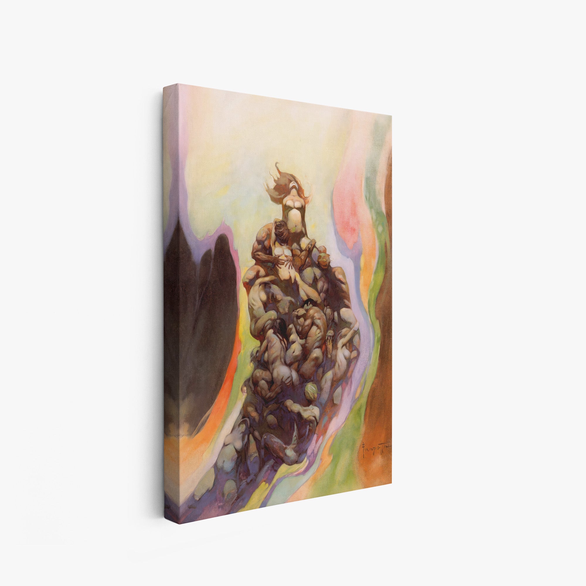A canvas print of Frazetta’s Godmakers hung on a white wall, showcasing the artwork with mirror-wrapped edges for a seamless, dimensional look.