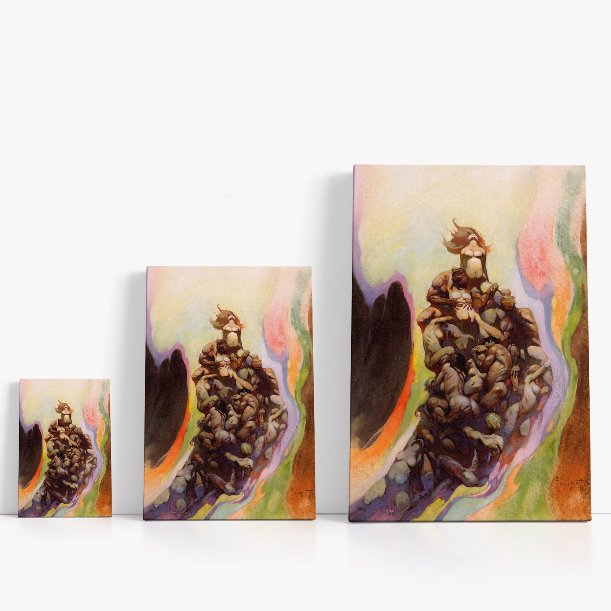 Three wrap-around canvas prints of Frazetta’s Godmakers in different sizes, showcasing the artwork with mirror-wrapped edges for a seamless, dimensional look.