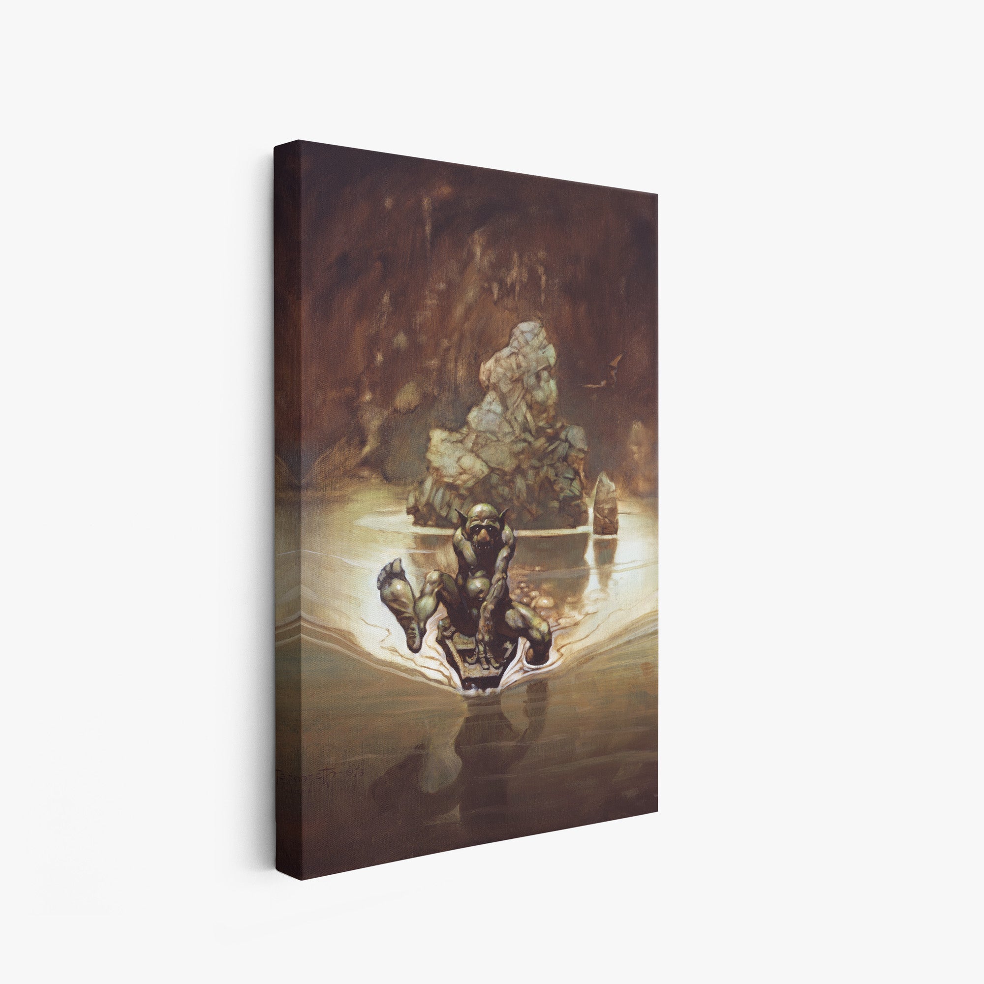 A canvas print of Frazetta’s Gollum hung on a white wall, showcasing the artwork with mirror-wrapped edges for a seamless, dimensional look.