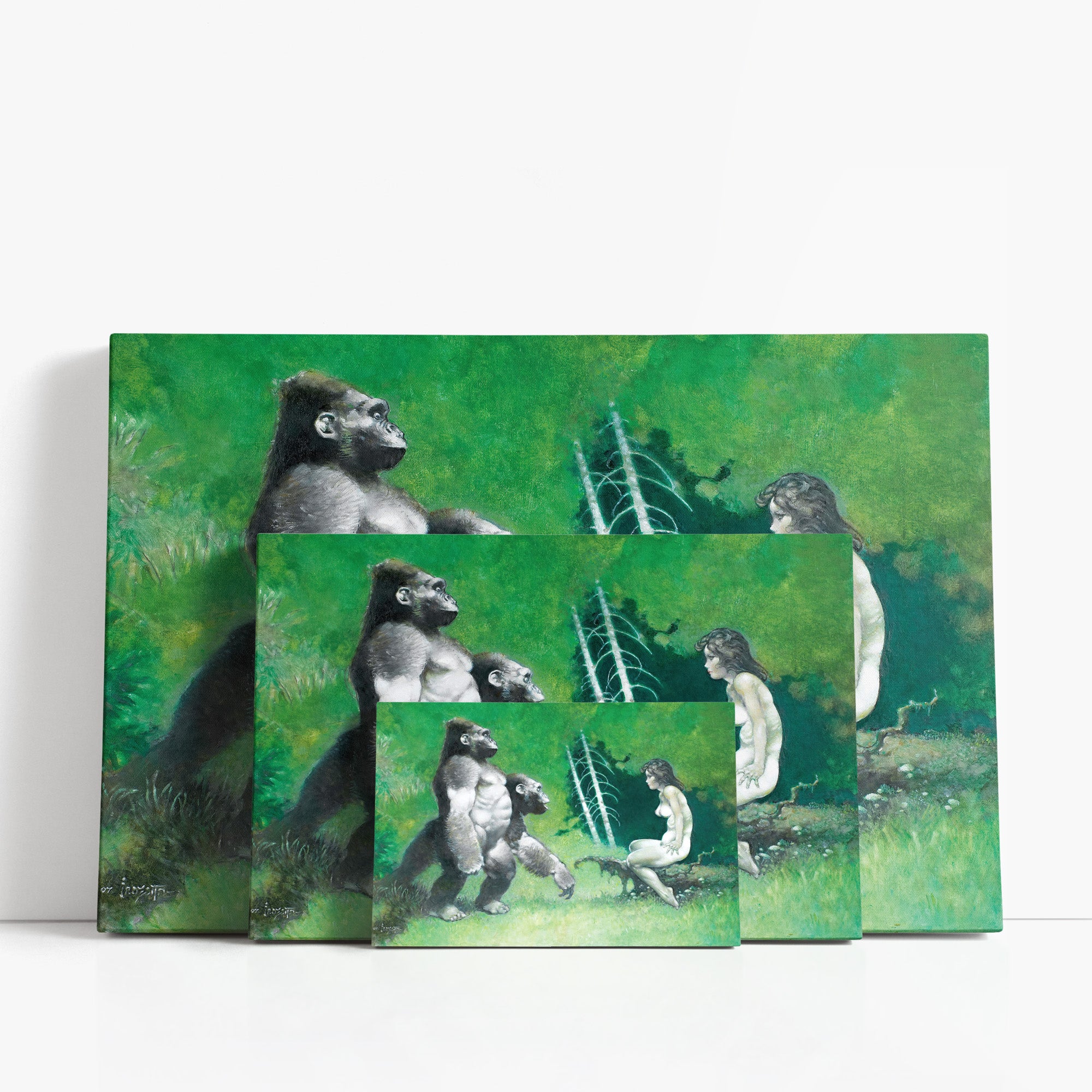 Three wrap-around canvas prints of Frazetta’s Gorillas in different sizes, showcasing the artwork with mirror-wrapped edges for a seamless, dimensional look.