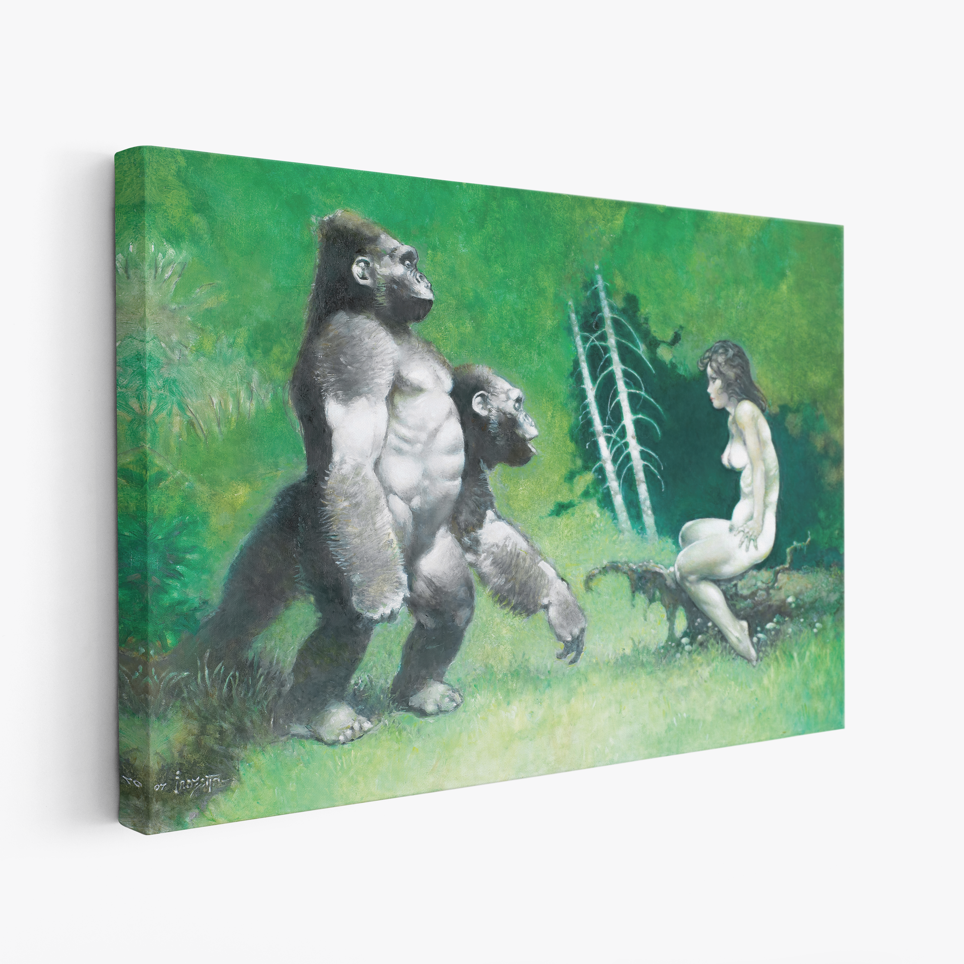 A canvas print of Frazetta’s Gorillas hung on a white wall, showcasing the artwork with mirror-wrapped edges for a seamless, dimensional look.