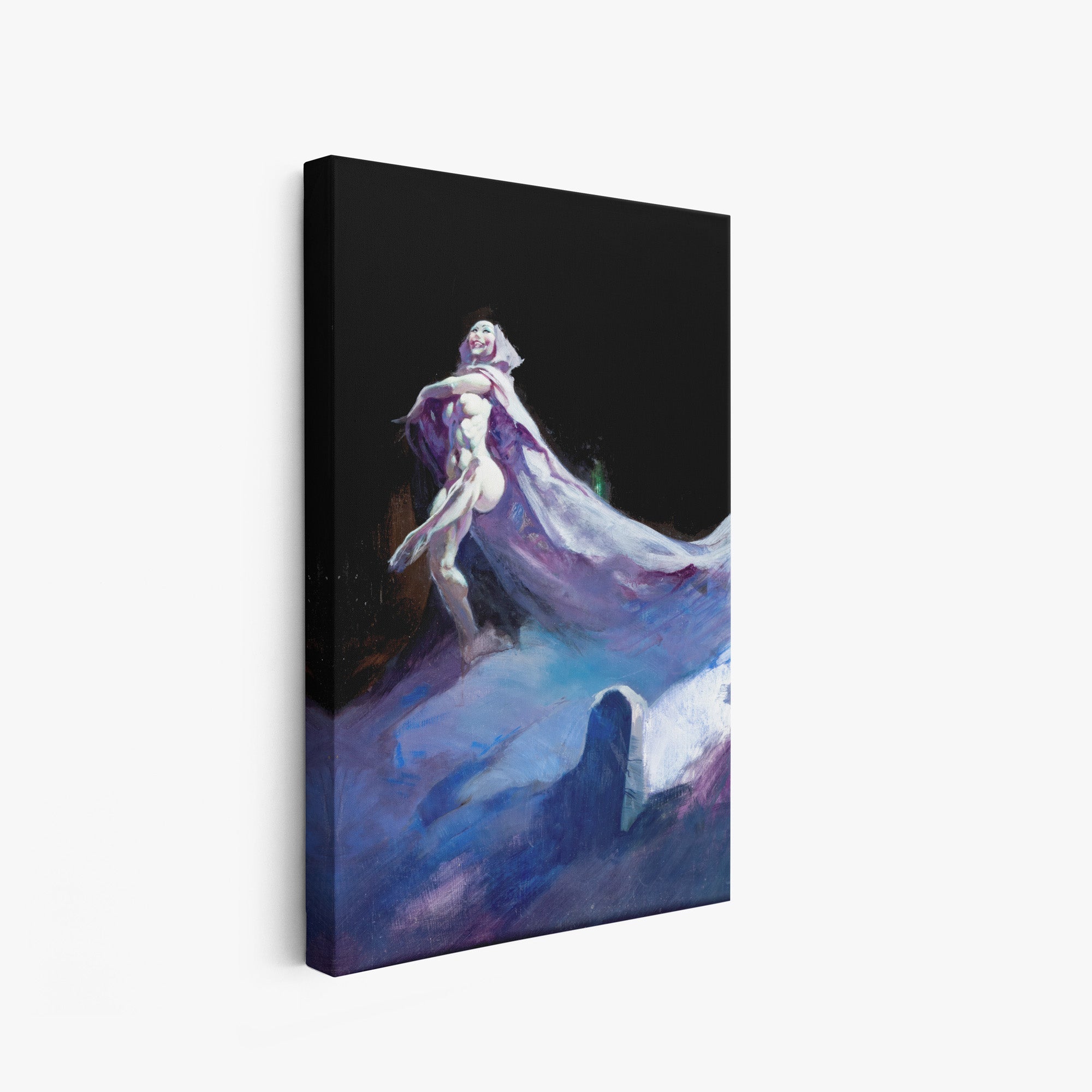 A canvas print of Frazetta’s Grave Dancerhung on a white wall, showcasing the artwork with mirror-wrapped edges for a seamless, dimensional look.