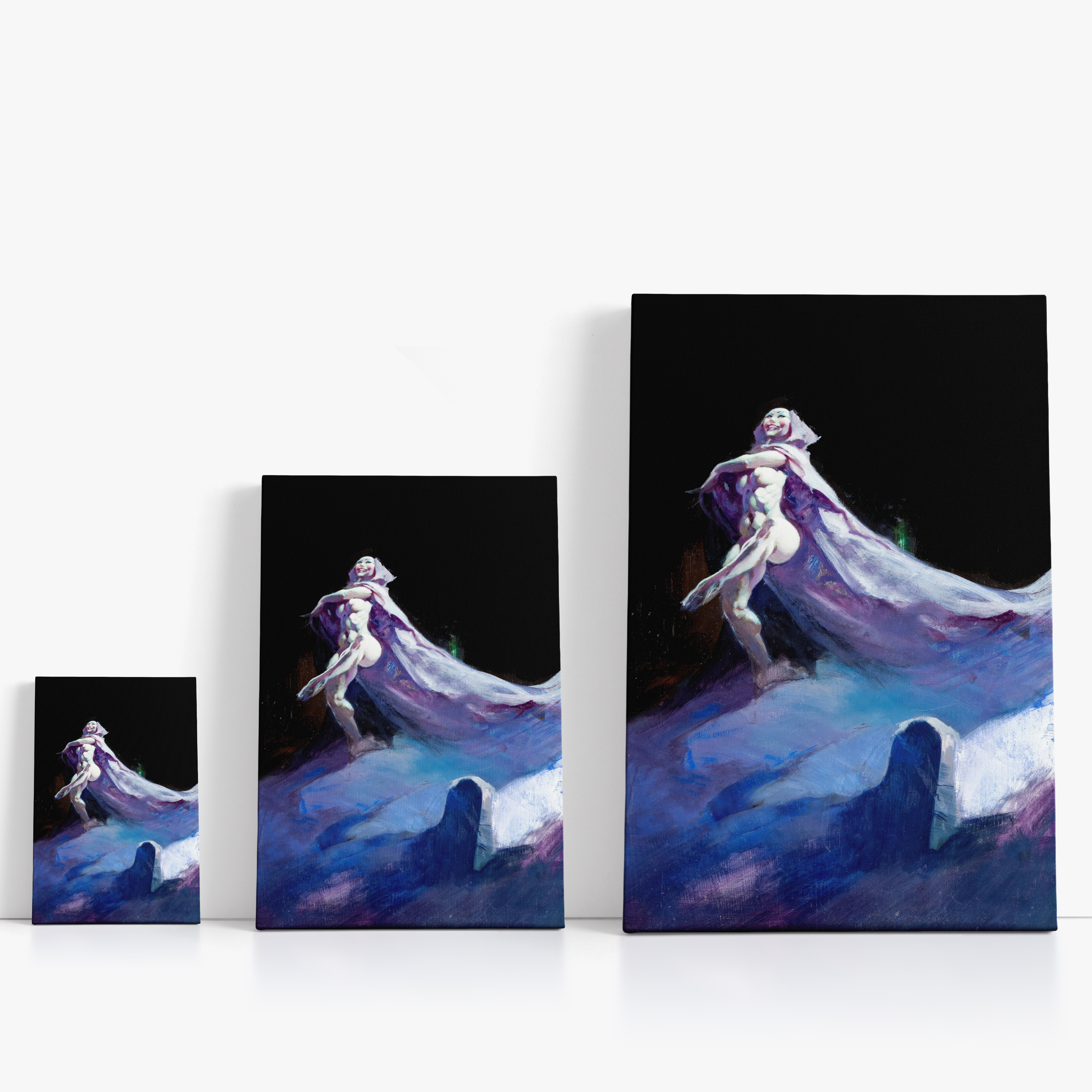Three wrap-around canvas prints of Frazetta’s Atlantis in different sizes, showcasing the artwork with mirror-wrapped edges for a seamless, dimensional look.