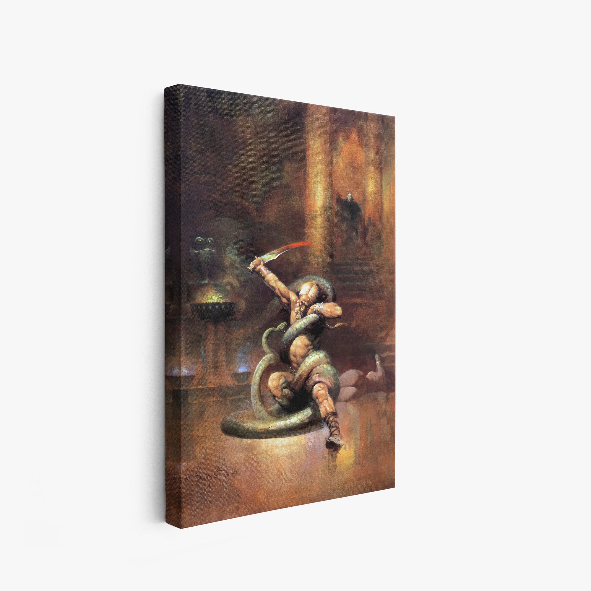 A canvas print of Frazetta’s Green Death hung on a white wall, showcasing the artwork with mirror-wrapped edges for a seamless, dimensional look.