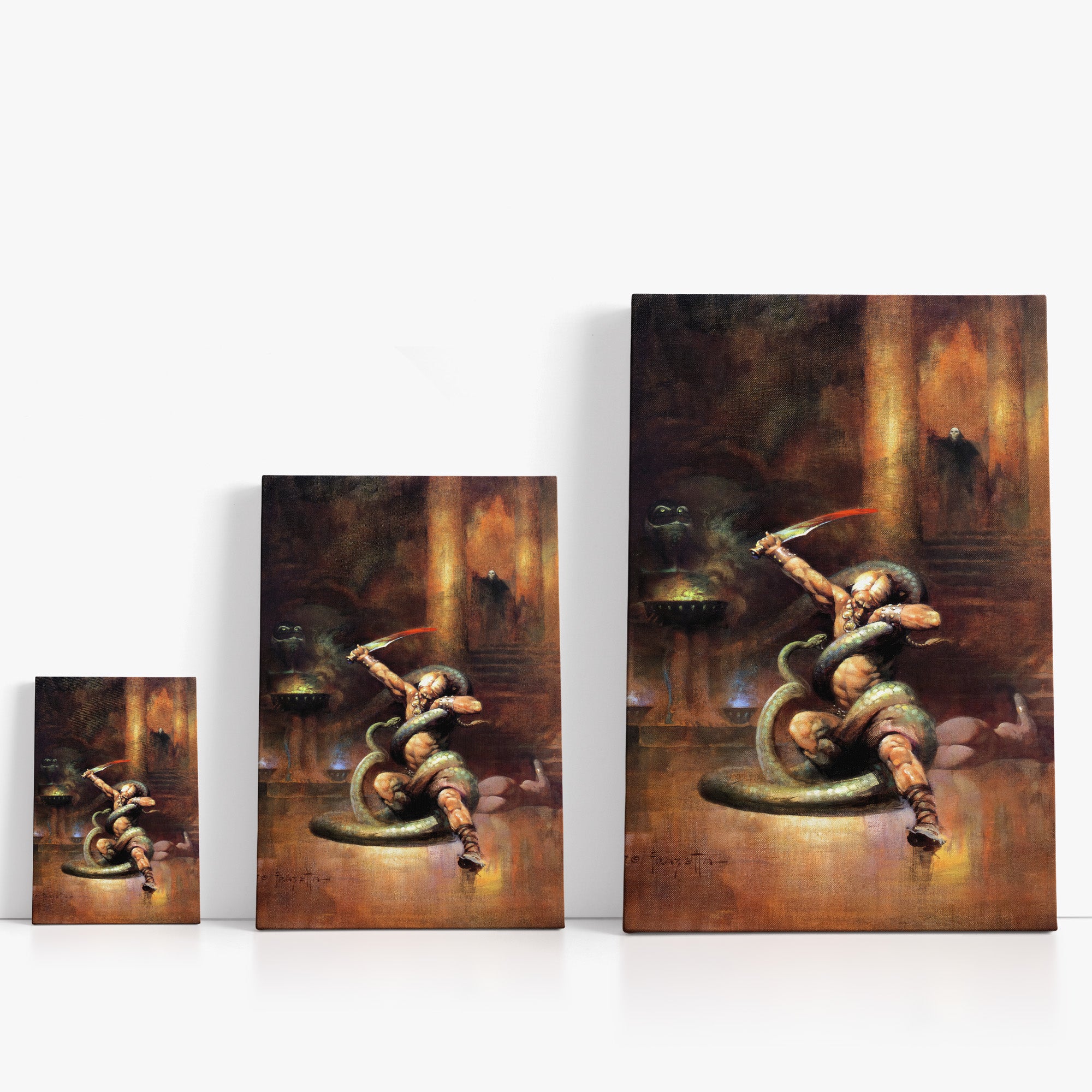 Three wrap-around canvas prints of Frazetta’s Green Death in different sizes, showcasing the artwork with mirror-wrapped edges for a seamless, dimensional look.