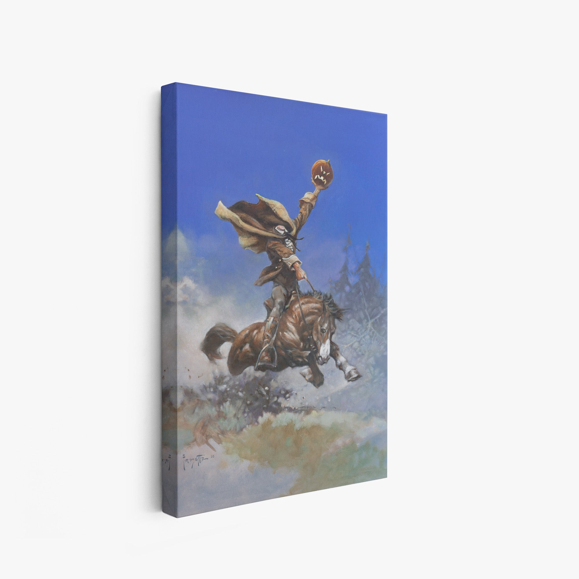 A canvas print of Frazetta’s Headless Horseman hung on a white wall, showcasing the artwork with mirror-wrapped edges for a seamless, dimensional look.