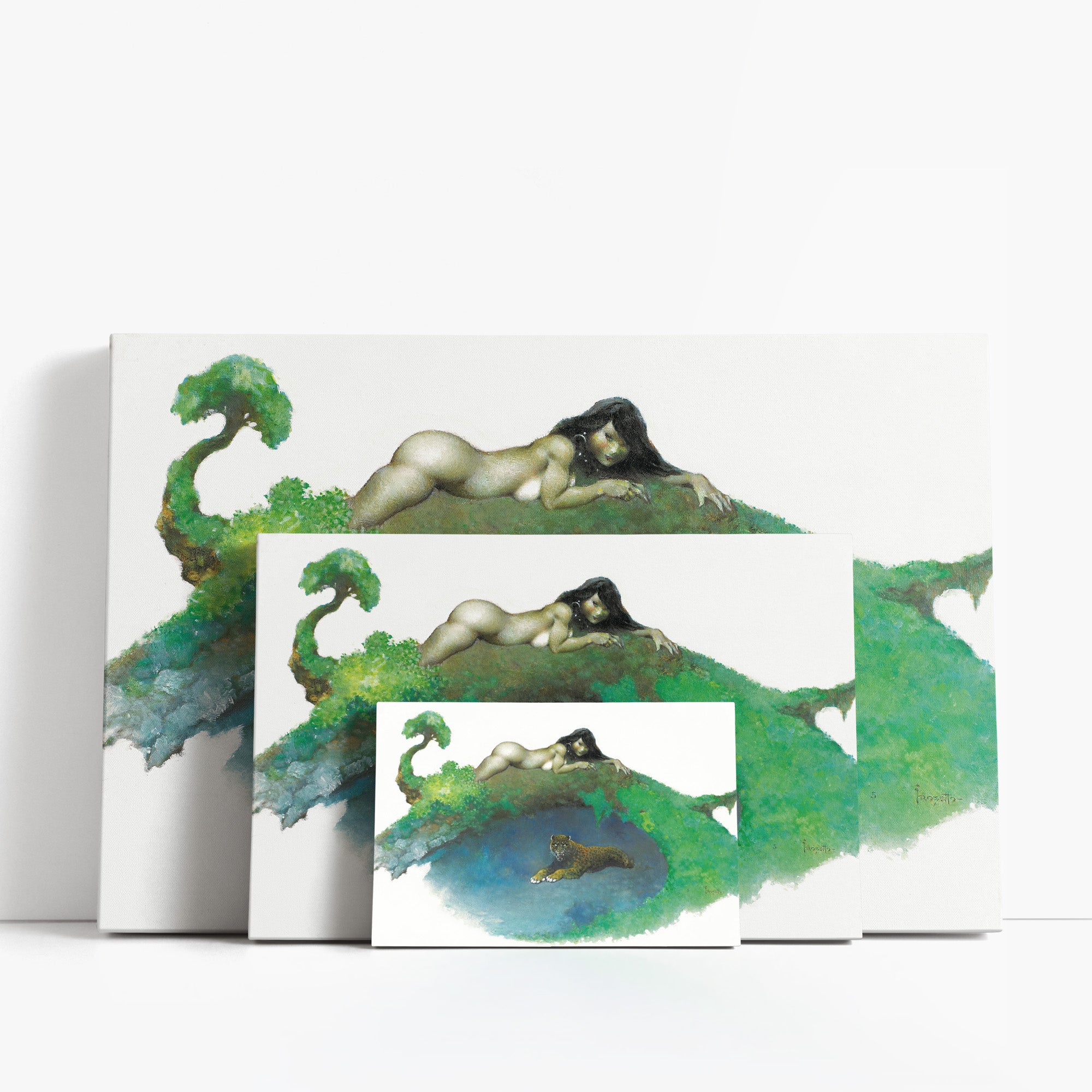 Three wrap-around canvas prints of Frazetta’s Hide and Seek in different sizes, showcasing the artwork with mirror-wrapped edges for a seamless, dimensional look.