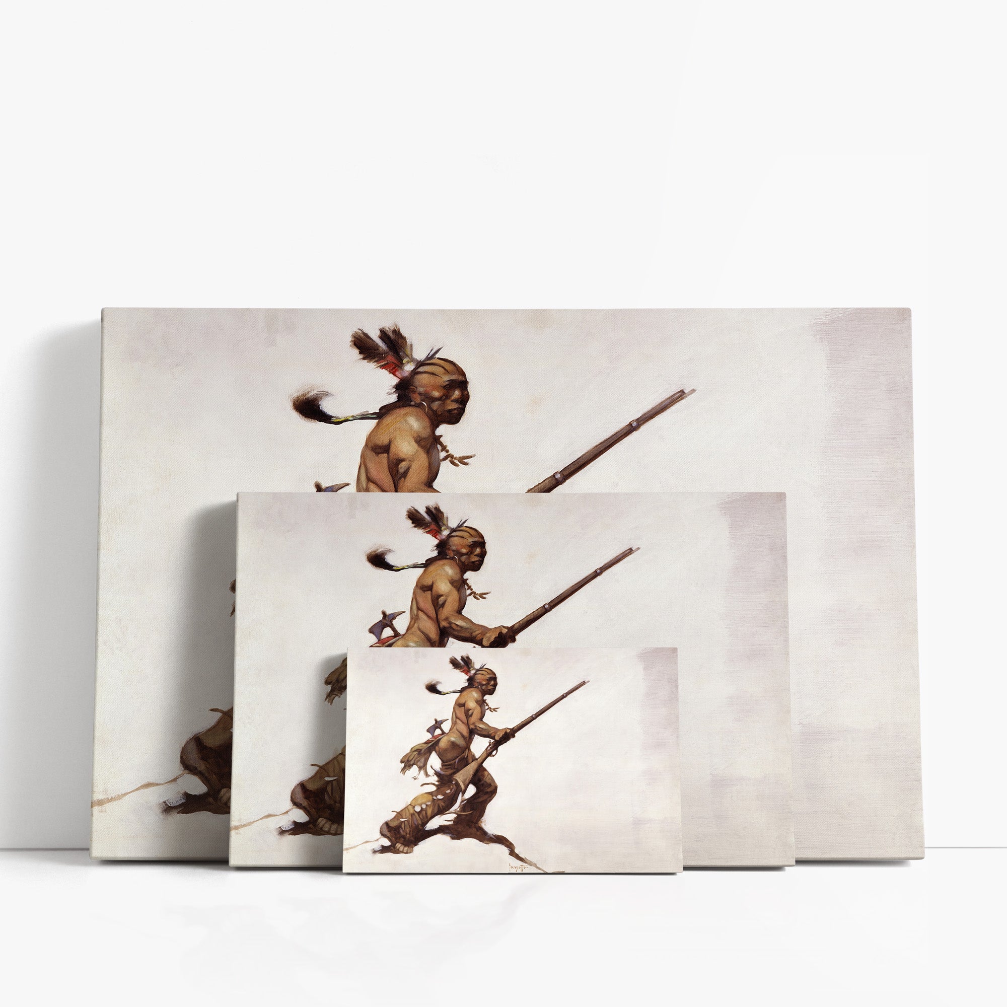 Three wrap-around canvas prints of Frazetta’s Indian Brave in different sizes, showcasing the artwork with mirror-wrapped edges for a seamless, dimensional look.