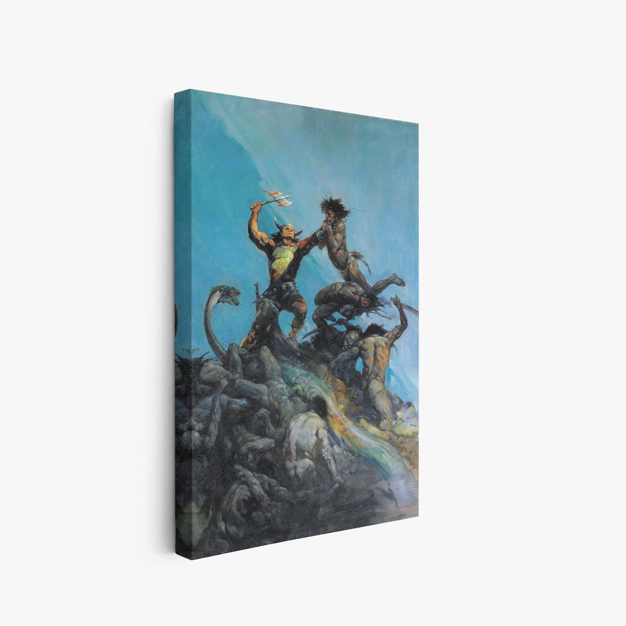 A canvas print of Frazetta’s Indomitable hung on a white wall, showcasing the artwork with mirror-wrapped edges for a seamless, dimensional look.
