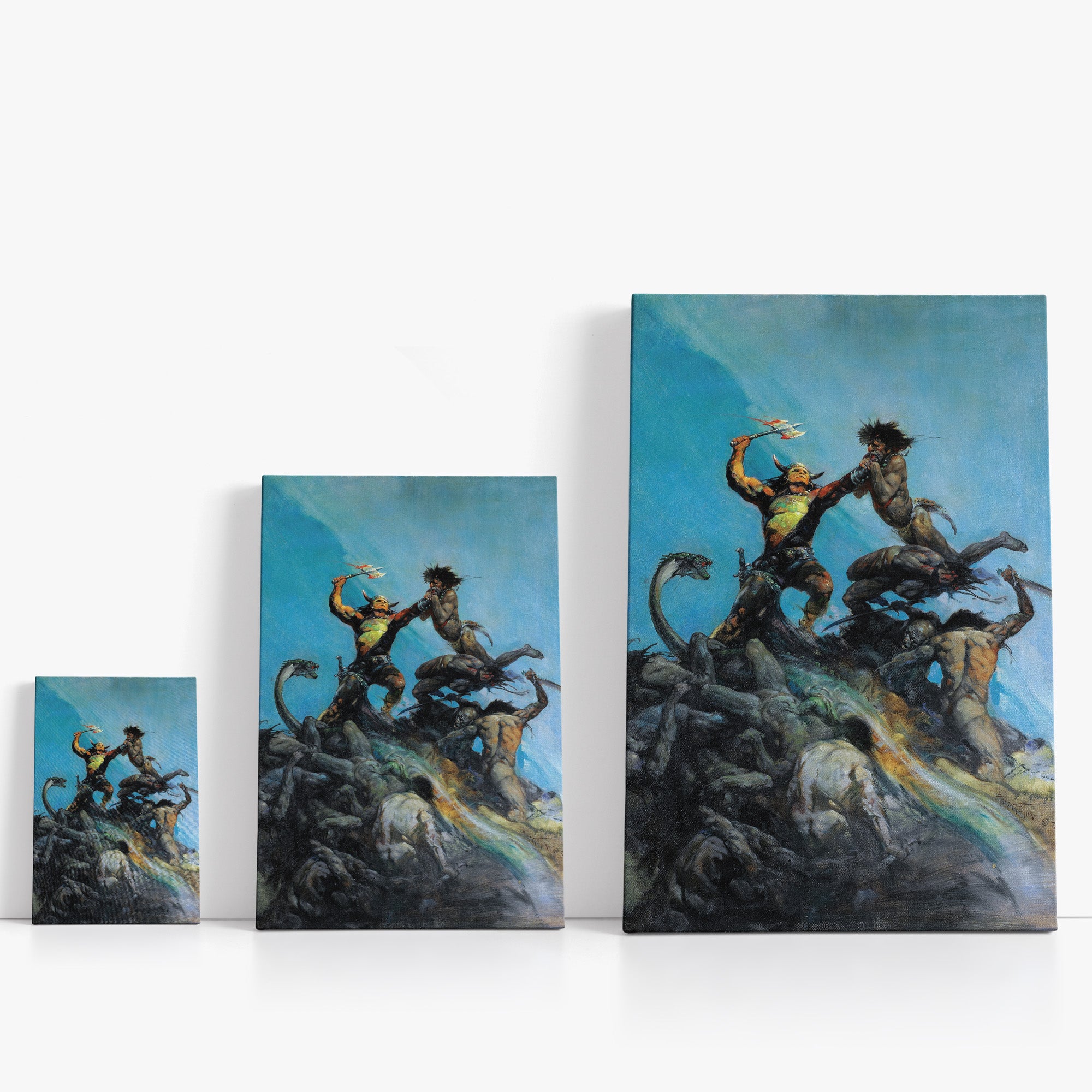 Three wrap-around canvas prints of Frazetta’s Indomitable in different sizes, showcasing the artwork with mirror-wrapped edges for a seamless, dimensional look.