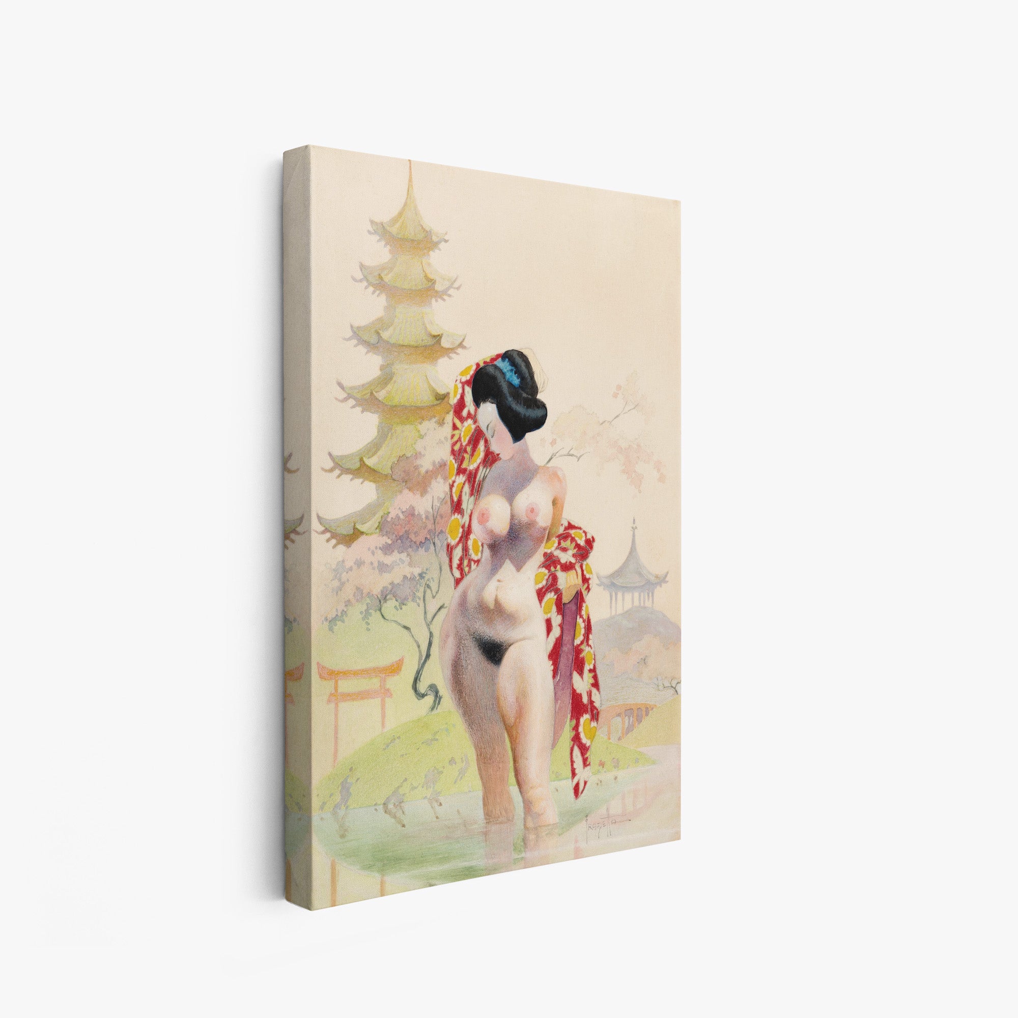 A canvas print of Frazetta’s Jade Green and Soft Ivory hung on a white wall, showcasing the artwork with mirror-wrapped edges for a seamless, dimensional look.