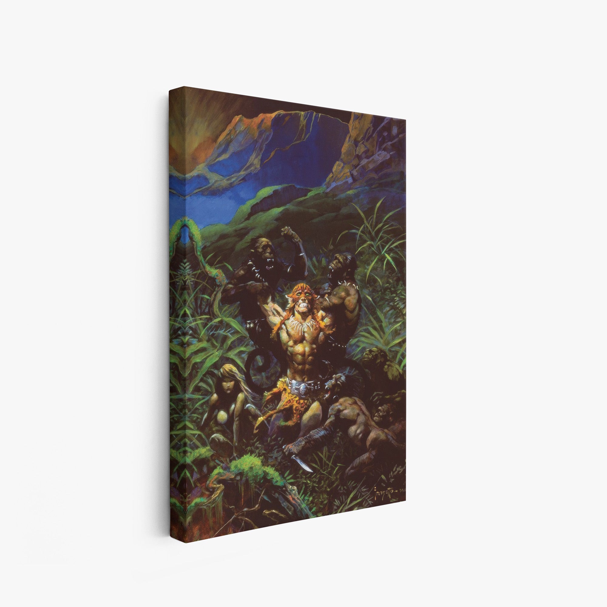 A canvas print of Frazetta’s Jaguar God I hung on a white wall, showcasing the artwork with mirror-wrapped edges for a seamless, dimensional look.